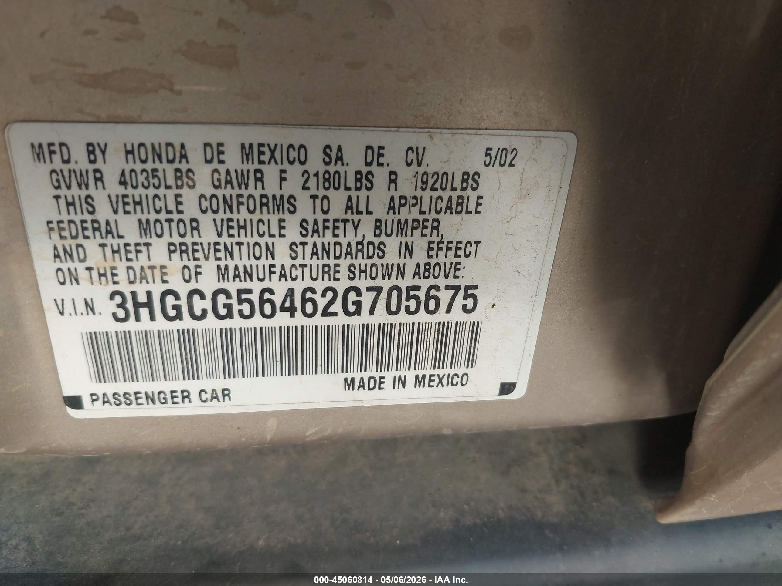 2002 Honda Accord 2.3 Lx Gold vin: 3HGCG56462G705675
