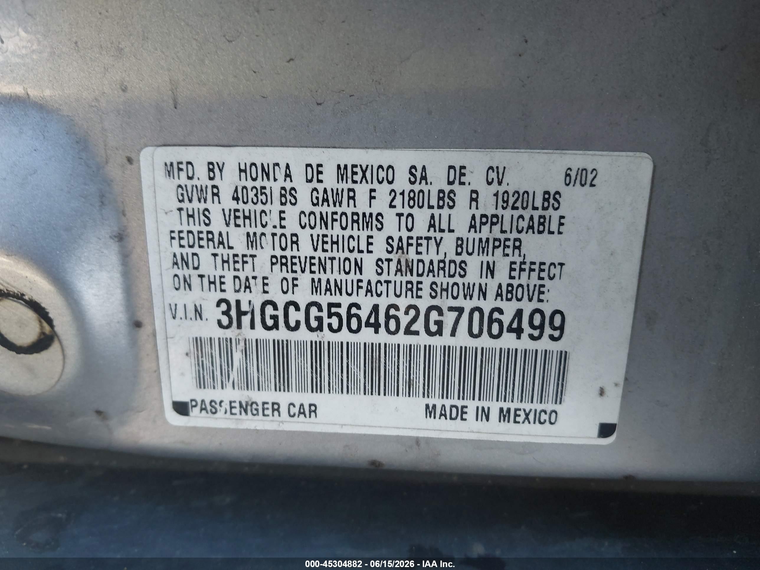 2002 Honda Accord 2.3 Lx Silver vin: 3HGCG56462G706499