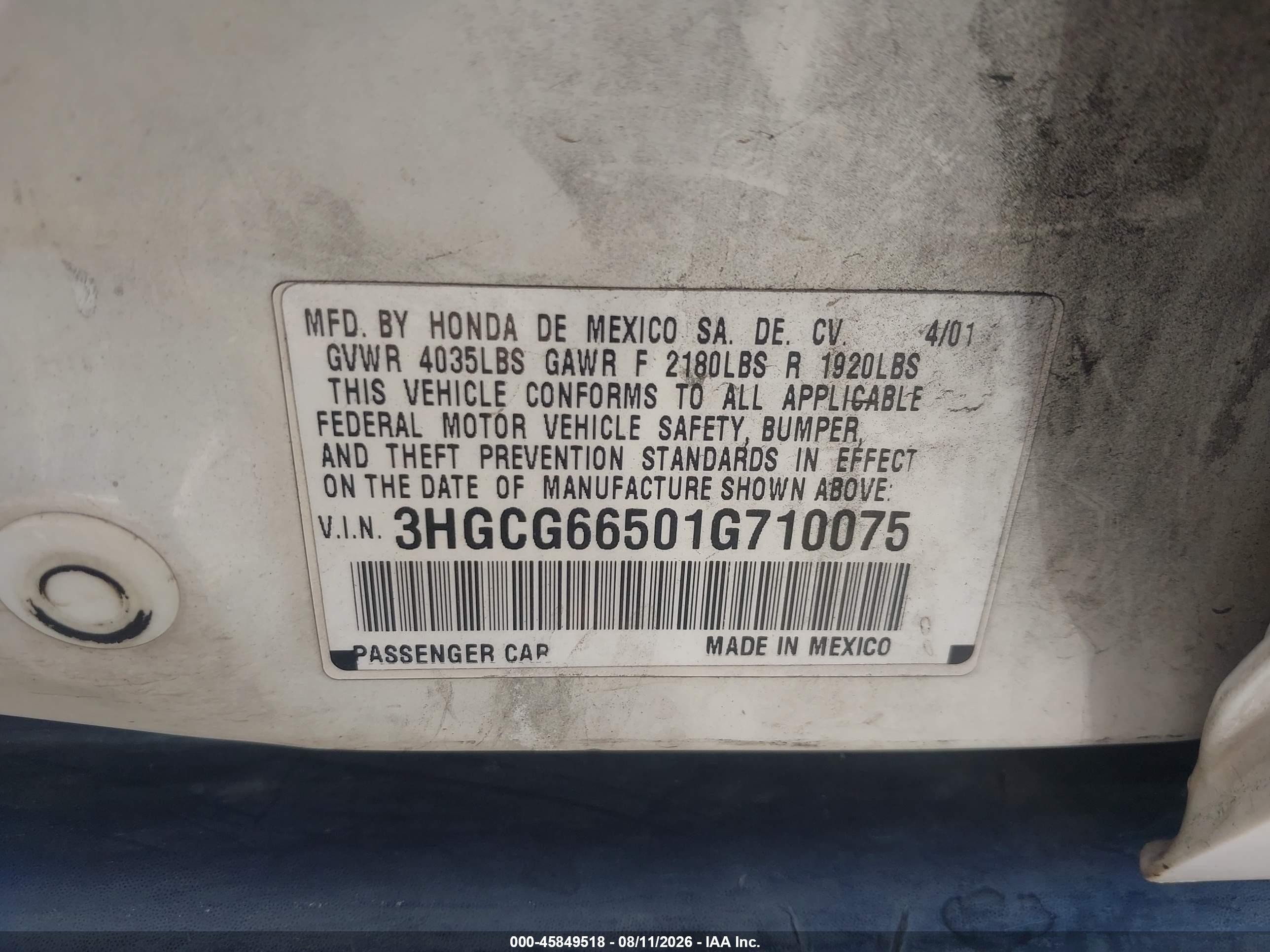 2001 Honda Accord 2.3 Lx White vin: 3HGCG66501G710075