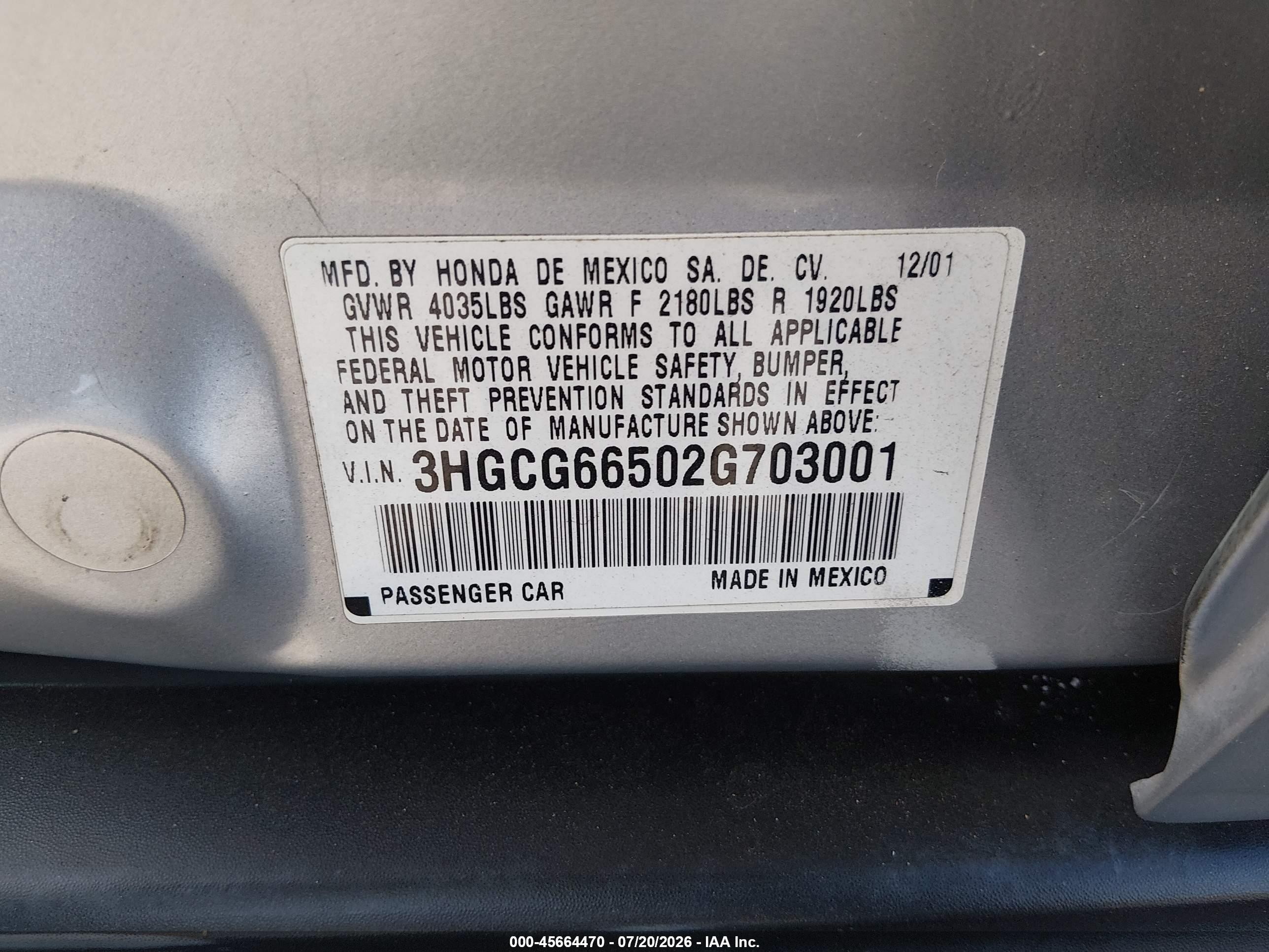 2002 Honda Accord 2.3 Lx Silver vin: 3HGCG66502G703001