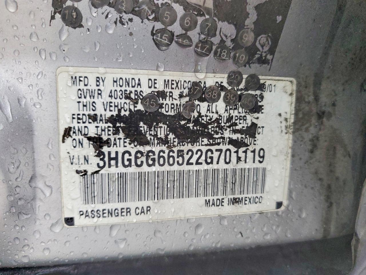 2002 Honda Accord Lx Серебряный vin: 3HGCG66522G701119
