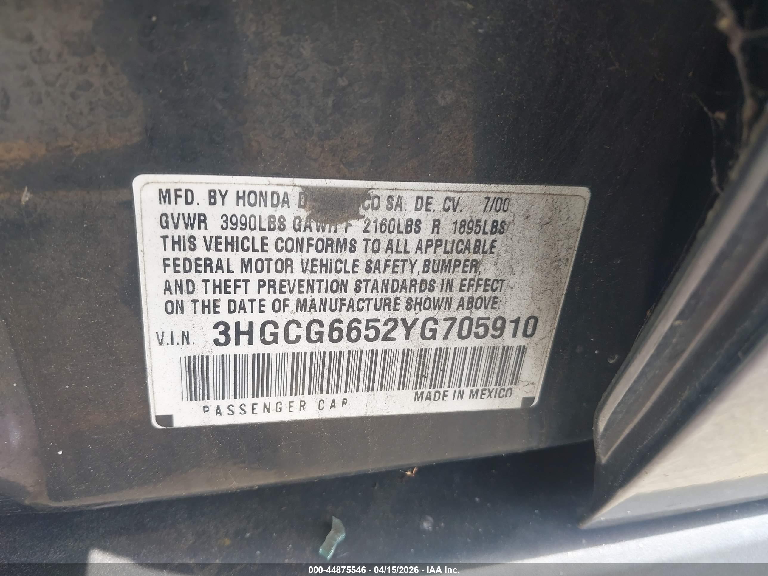 2000 Honda Accord 2.3 Lx Black vin: 3HGCG6652YG705910