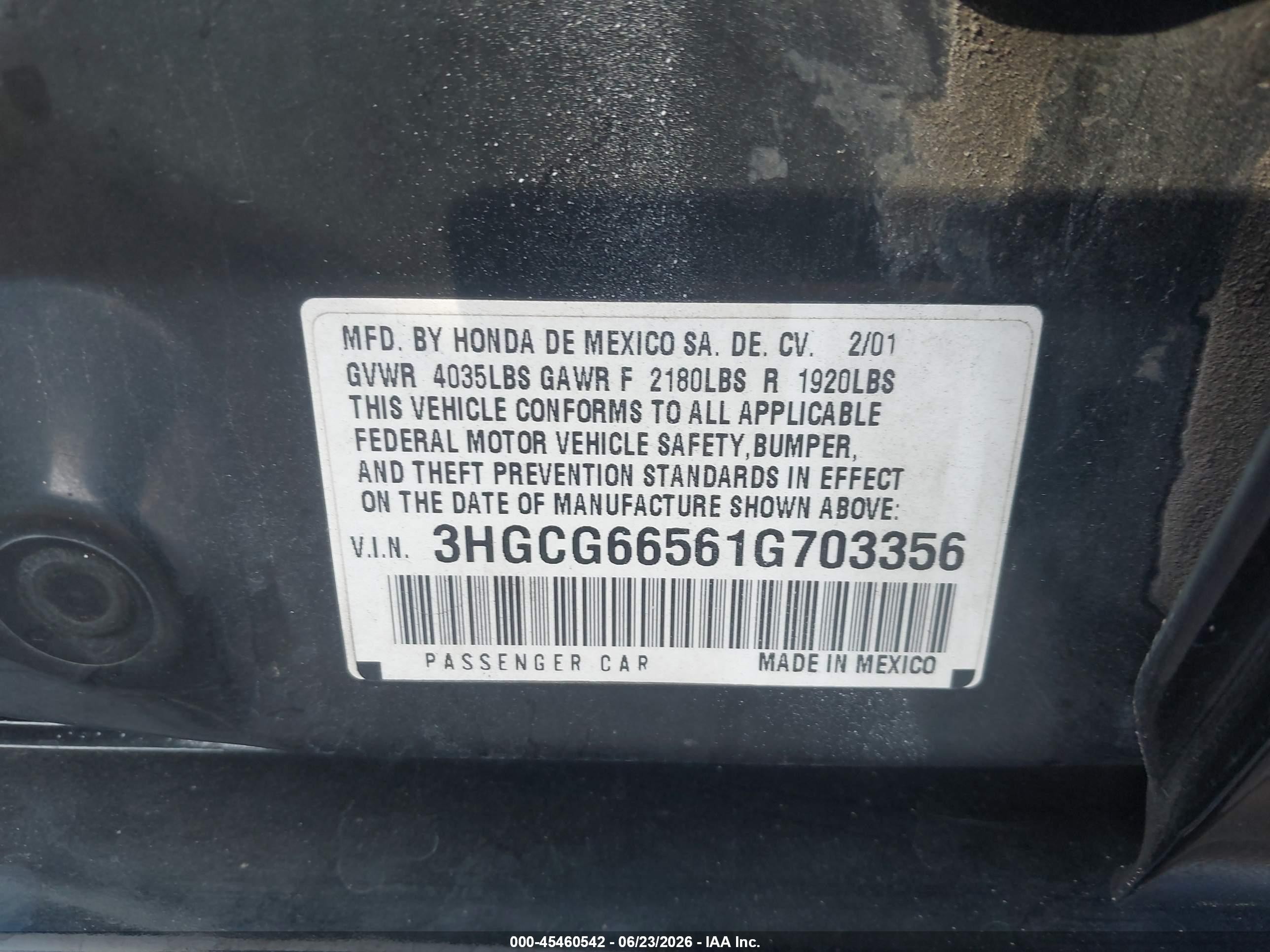 2001 Honda Accord 2.3 Lx Black vin: 3HGCG66561G703356