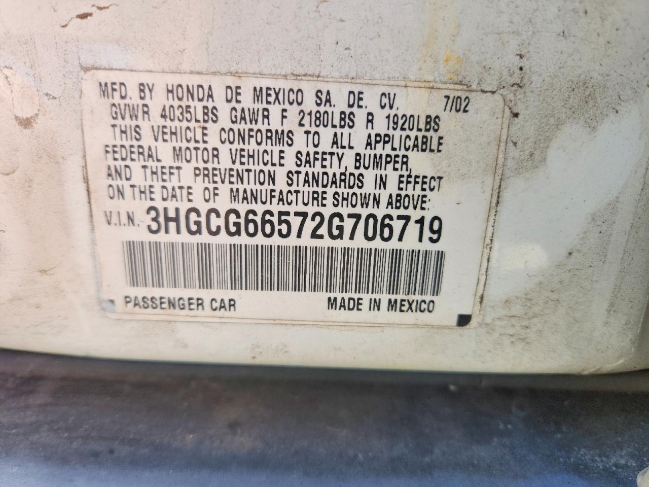 2002 Honda Accord Lx Белый vin: 3HGCG66572G706719