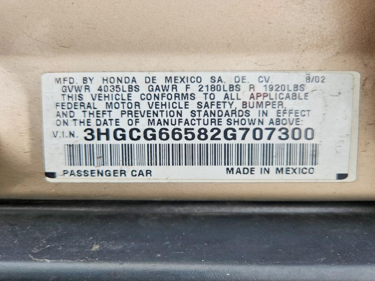 2002 Honda Accord Lx Tan vin: 3HGCG66582G707300