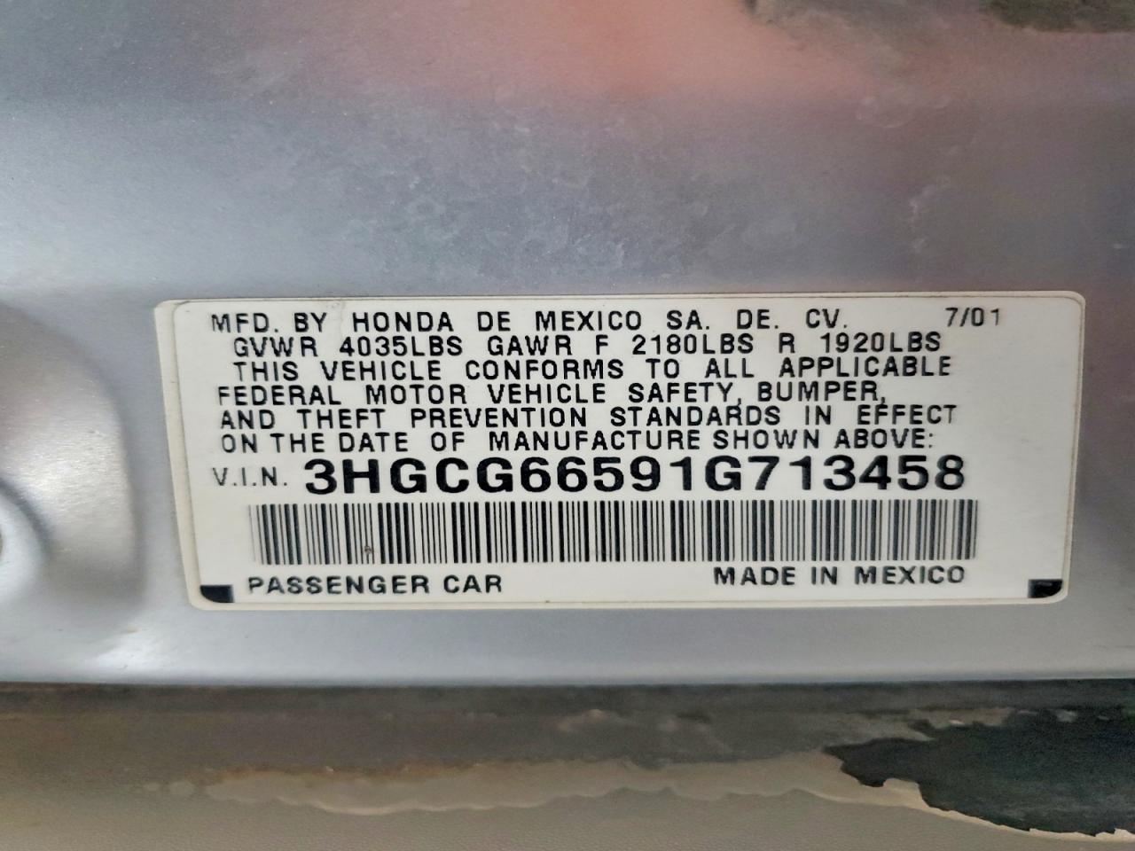 2001 Honda Accord Lx Silver vin: 3HGCG66591G713458