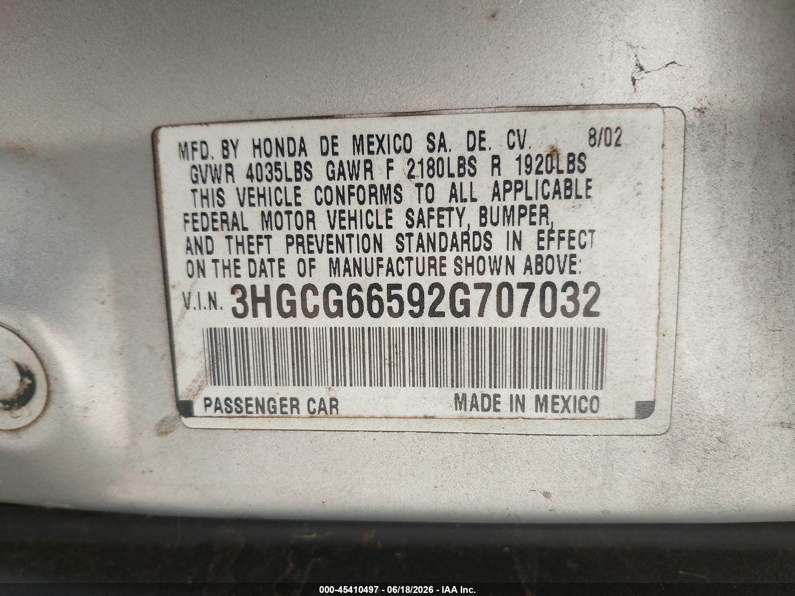 2002 Honda Accord 2.3 Lx Серебряный vin: 3HGCG66592G707032