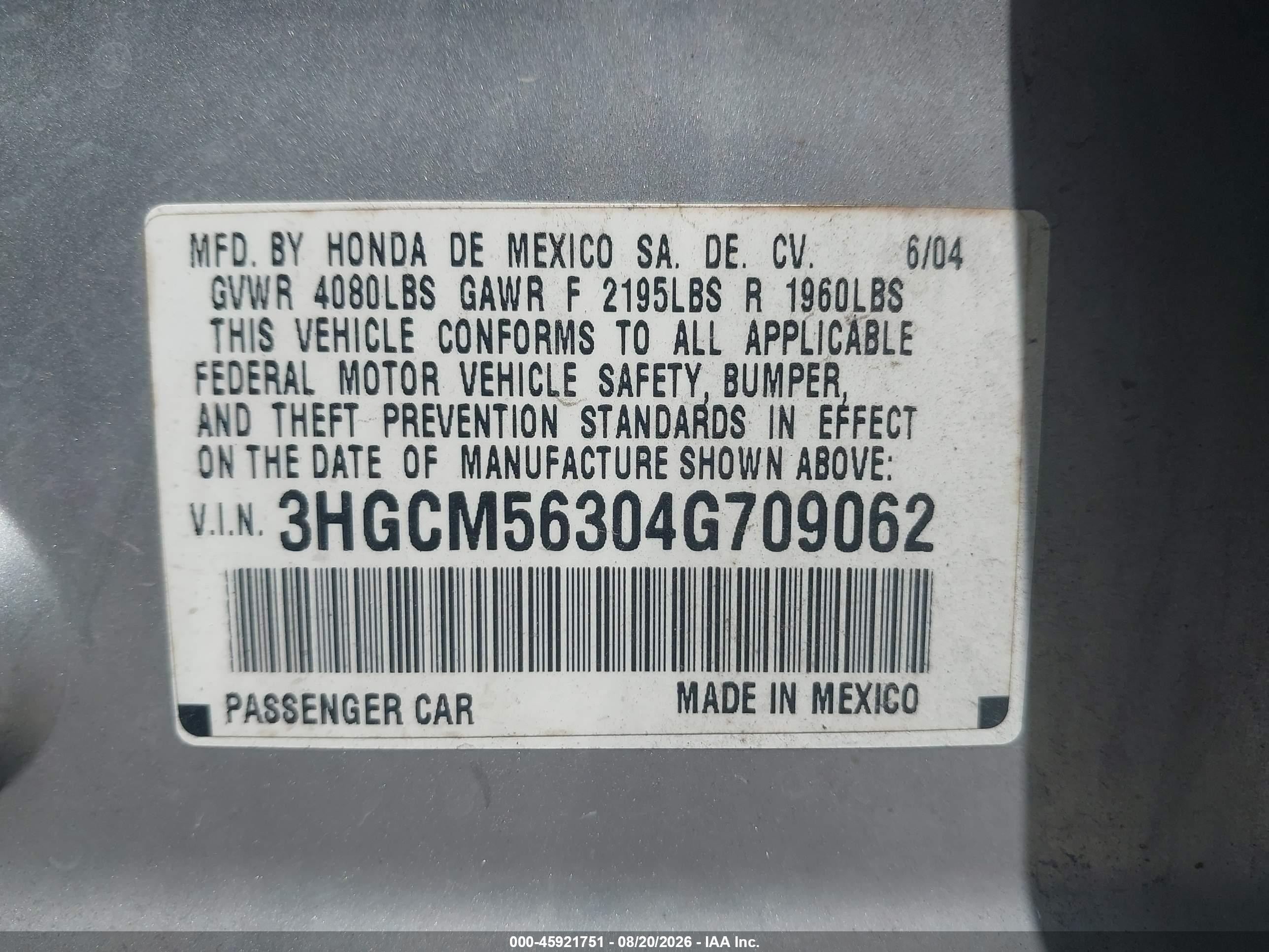 2004 Honda Accord 2.4 Lx Silver vin: 3HGCM56304G709062