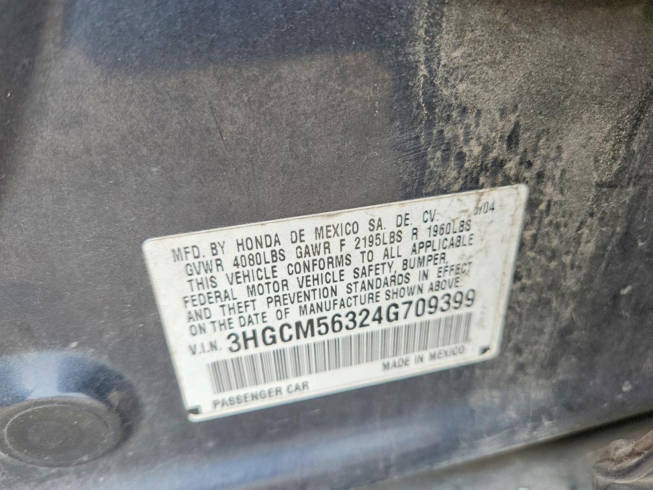 2004 Honda Accord Lx Gray vin: 3HGCM56324G709399