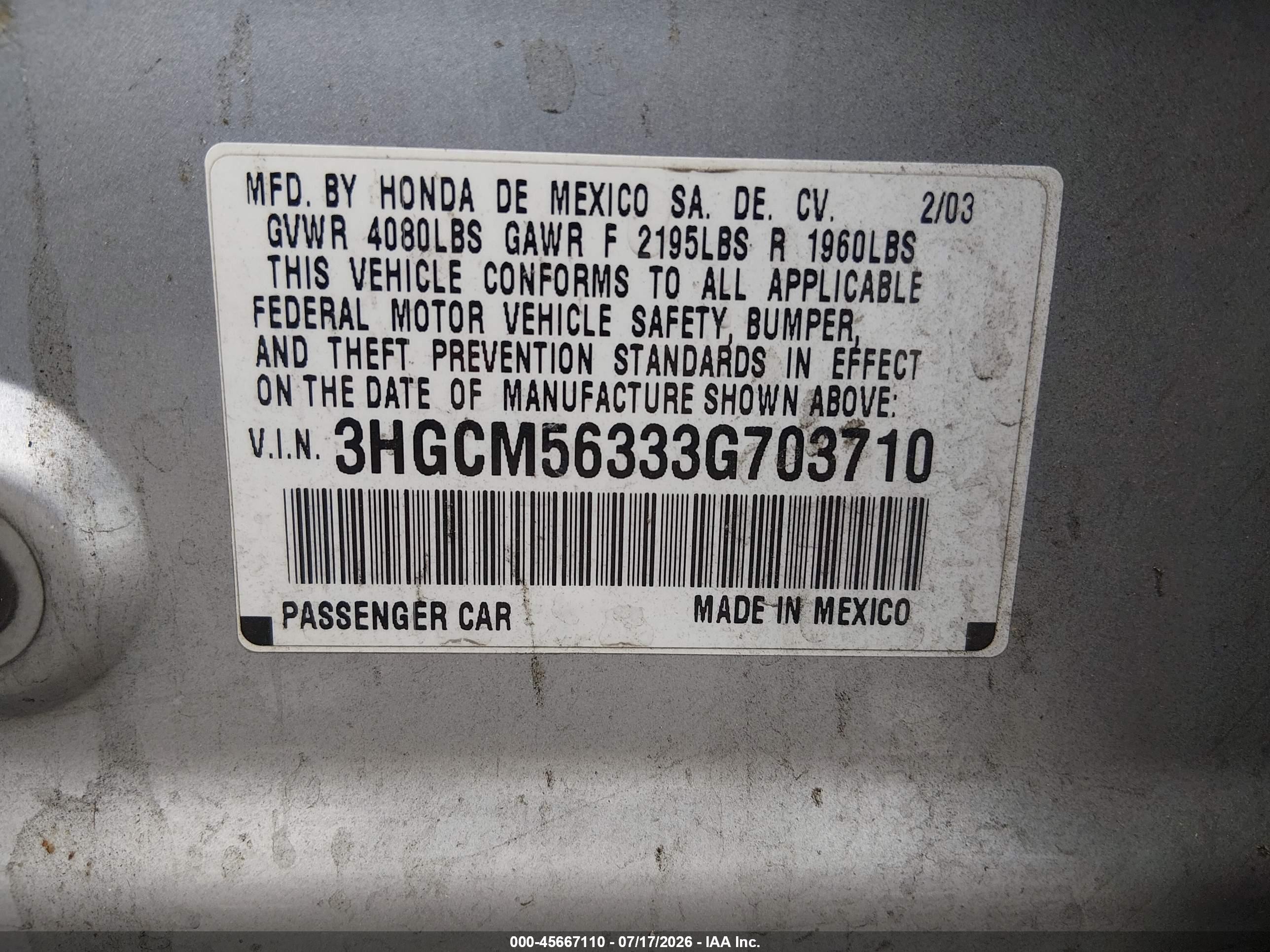 2003 Honda Accord Sdn Lx Серый vin: 3HGCM56333G703710