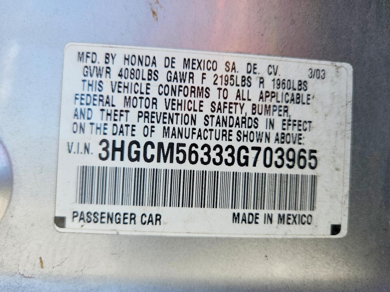2003 Honda Accord Lx Silver vin: 3HGCM56333G703965