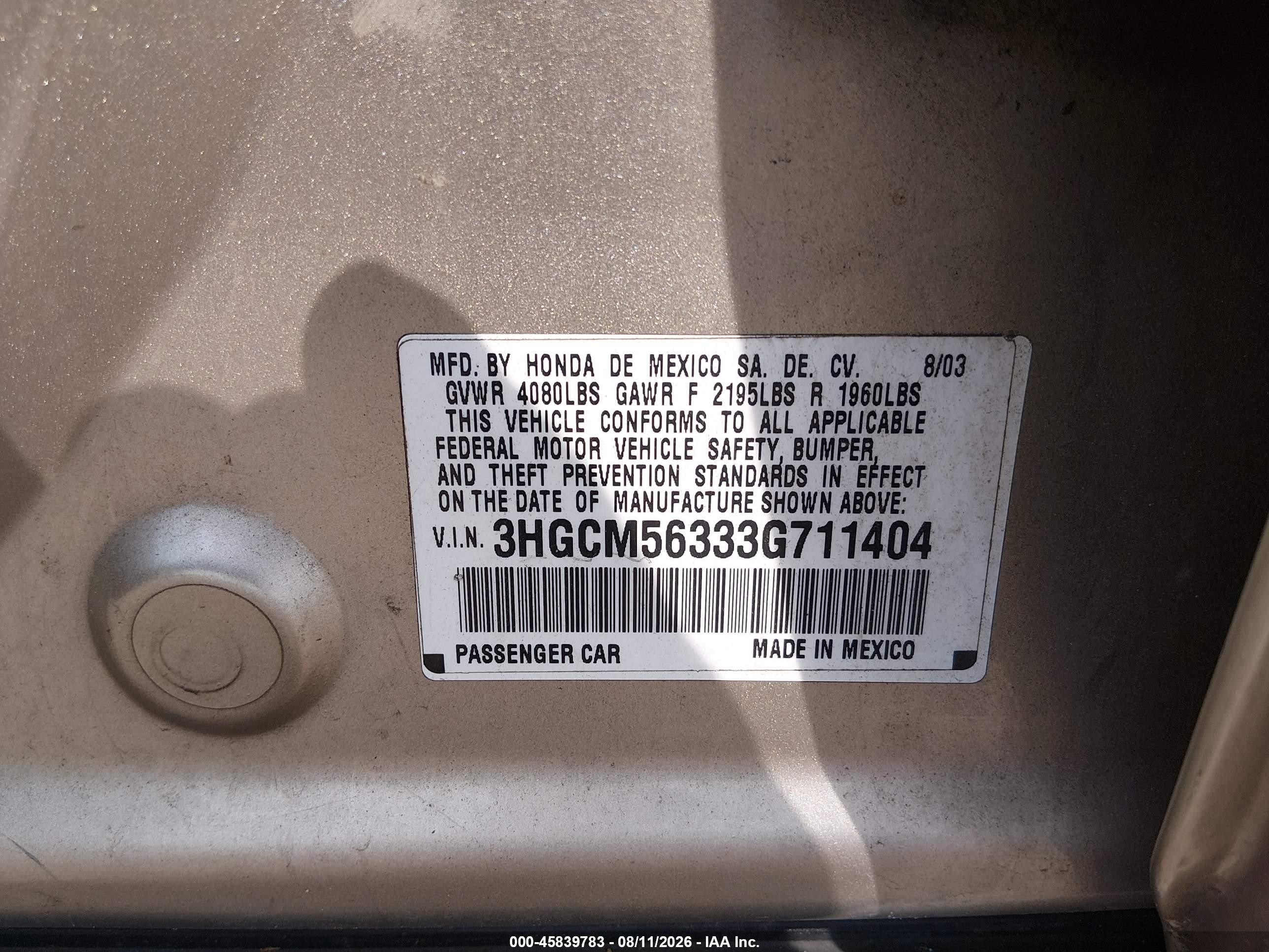 2003 Honda Accord 2.4 Lx Gold vin: 3HGCM56333G711404