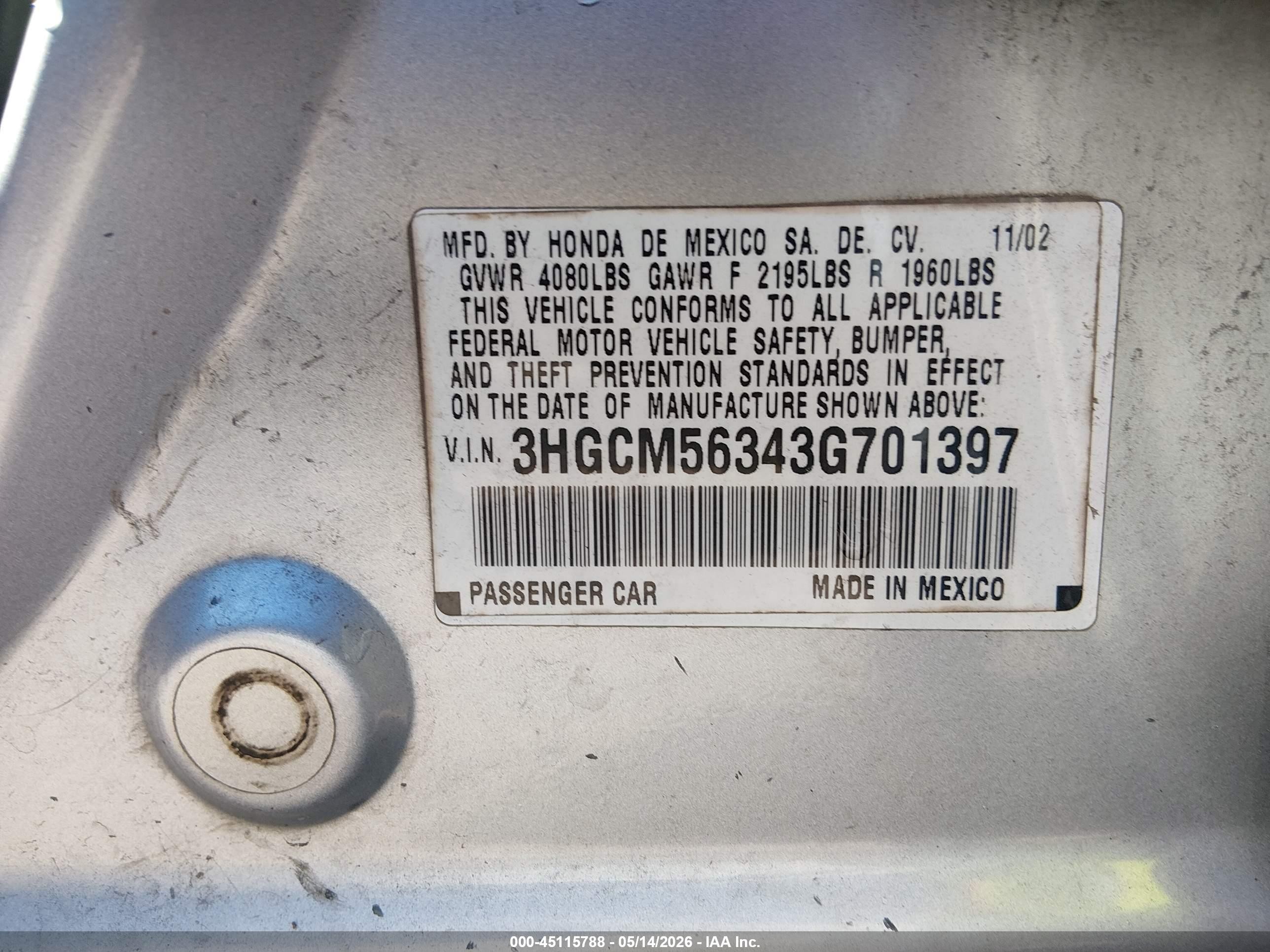 2003 Honda Accord 2.4 Lx Серебряный vin: 3HGCM56343G701397