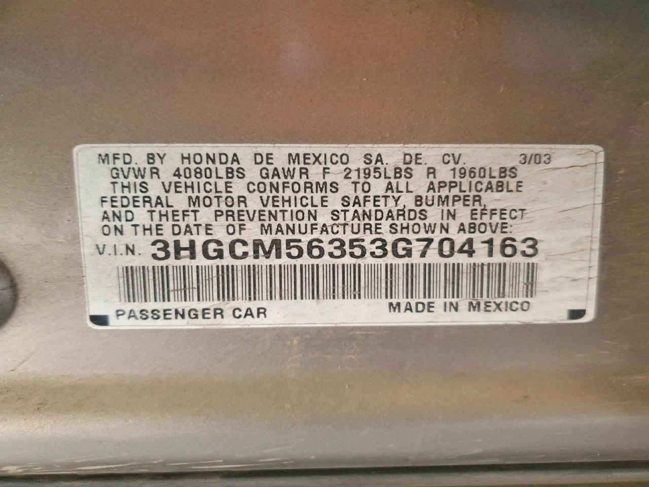 2003 Honda Accord Lx Tan vin: 3HGCM56353G704163