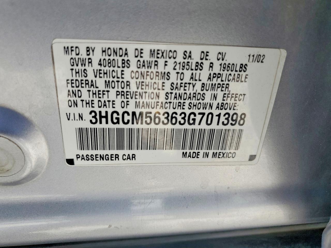 2003 Honda Accord Lx Silver vin: 3HGCM56363G701398