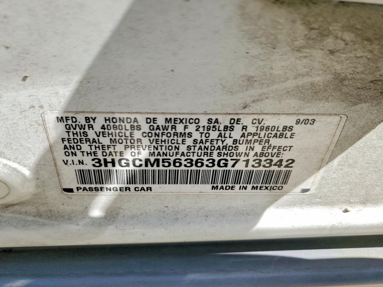 2003 Honda Accord Lx White vin: 3HGCM56363G713342
