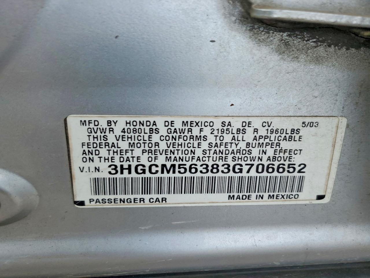 2003 Honda Accord Lx Silver vin: 3HGCM56383G706652