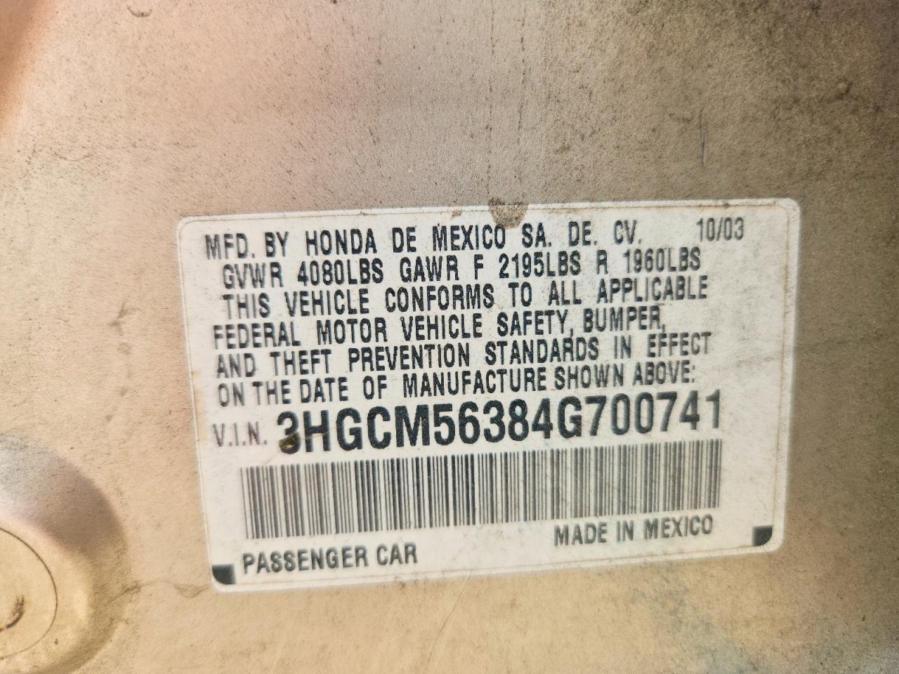 2004 Honda Accord Lx Gray vin: 3HGCM56384G700741
