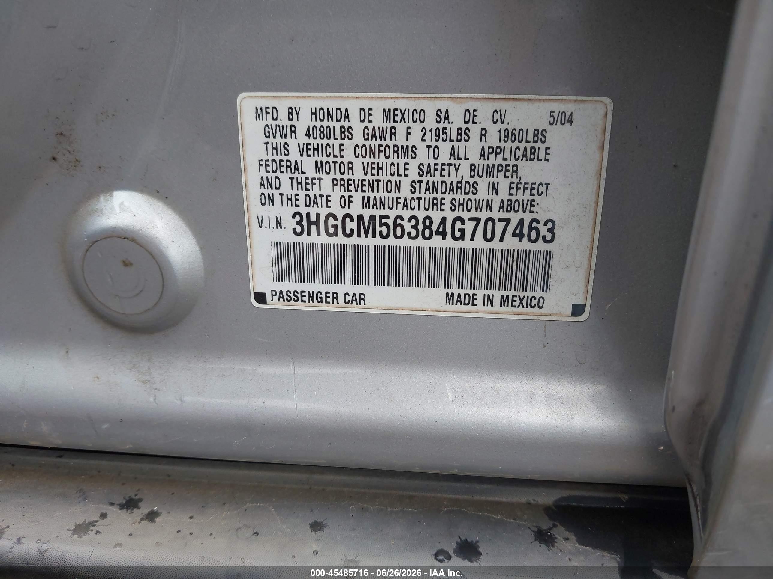2004 Honda Accord 2.4 Lx Silver vin: 3HGCM56384G707463