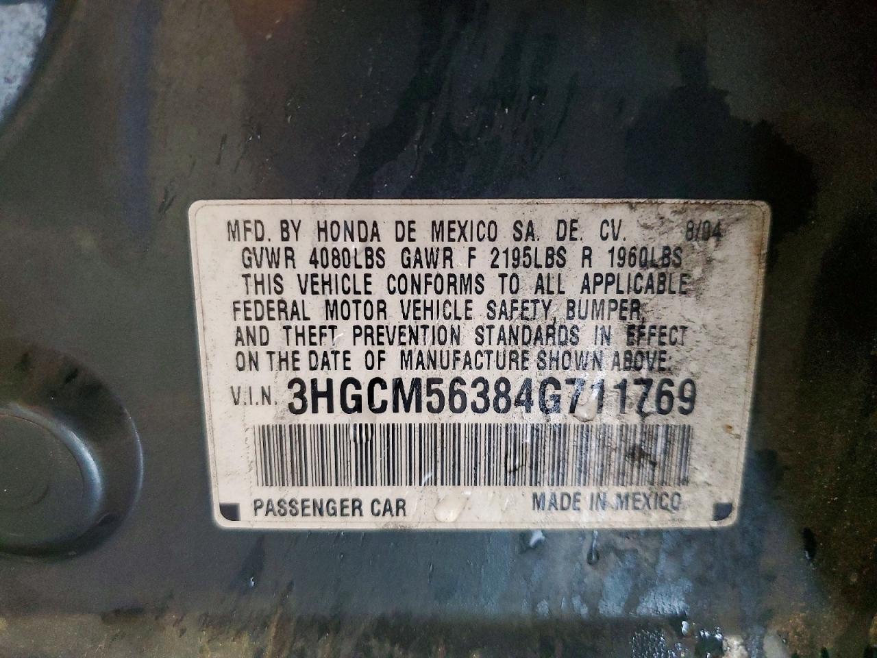 2004 Honda Accord Lx Gray vin: 3HGCM56384G711769