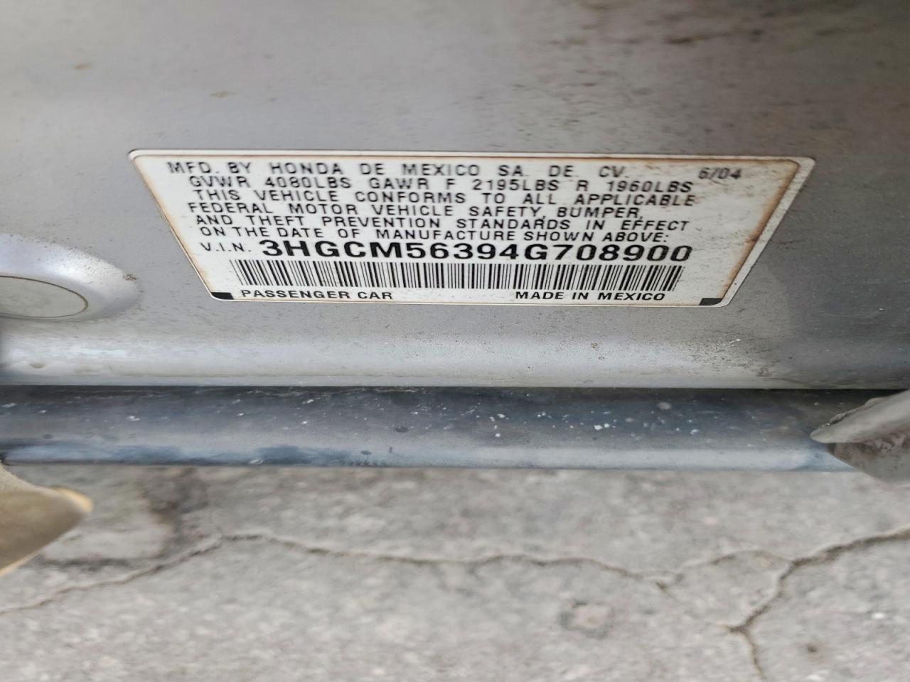 2004 Honda Accord Lx Silver vin: 3HGCM56394G708900