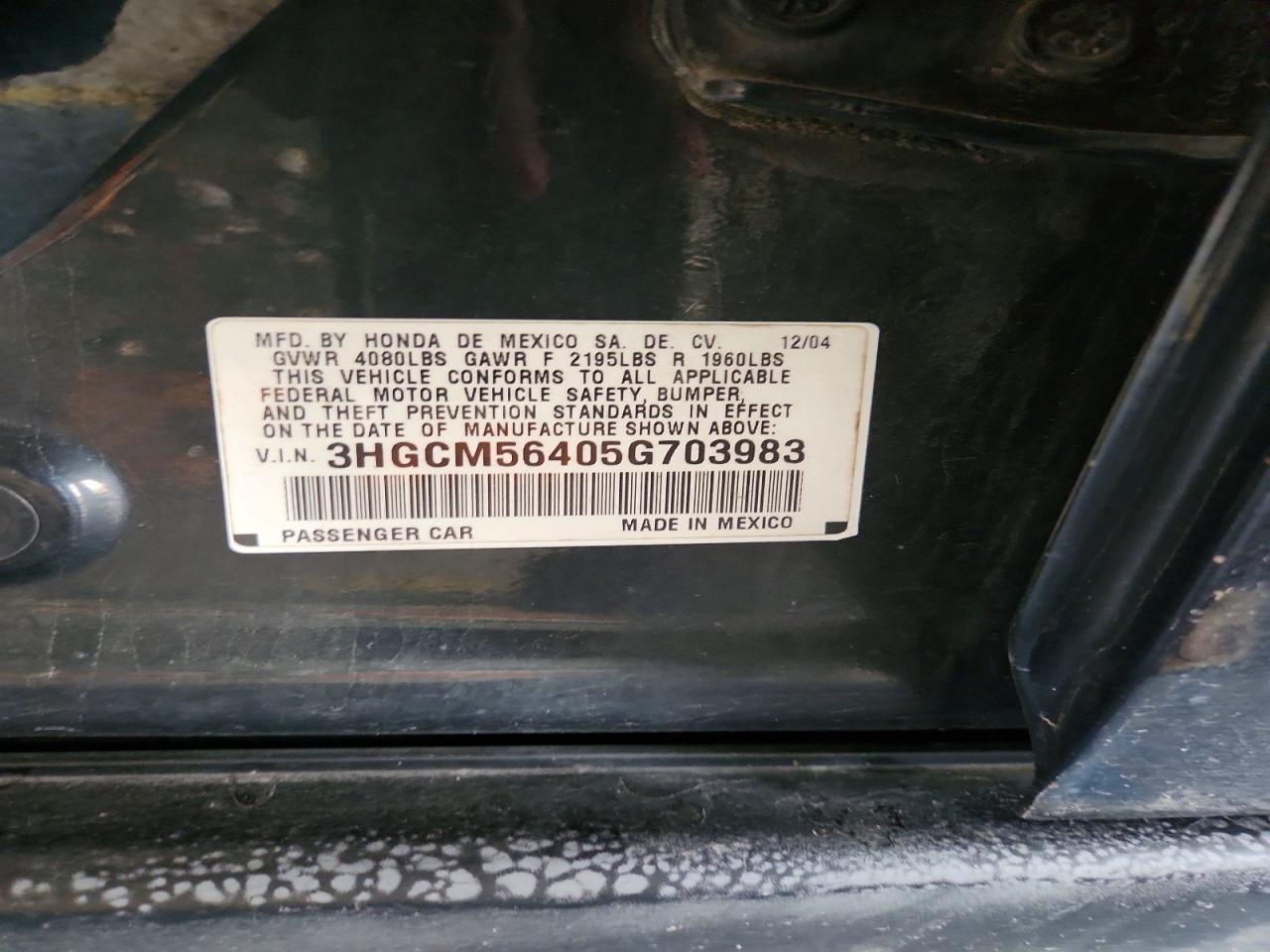 2005 Honda Accord Lx Черный vin: 3HGCM56405G703983