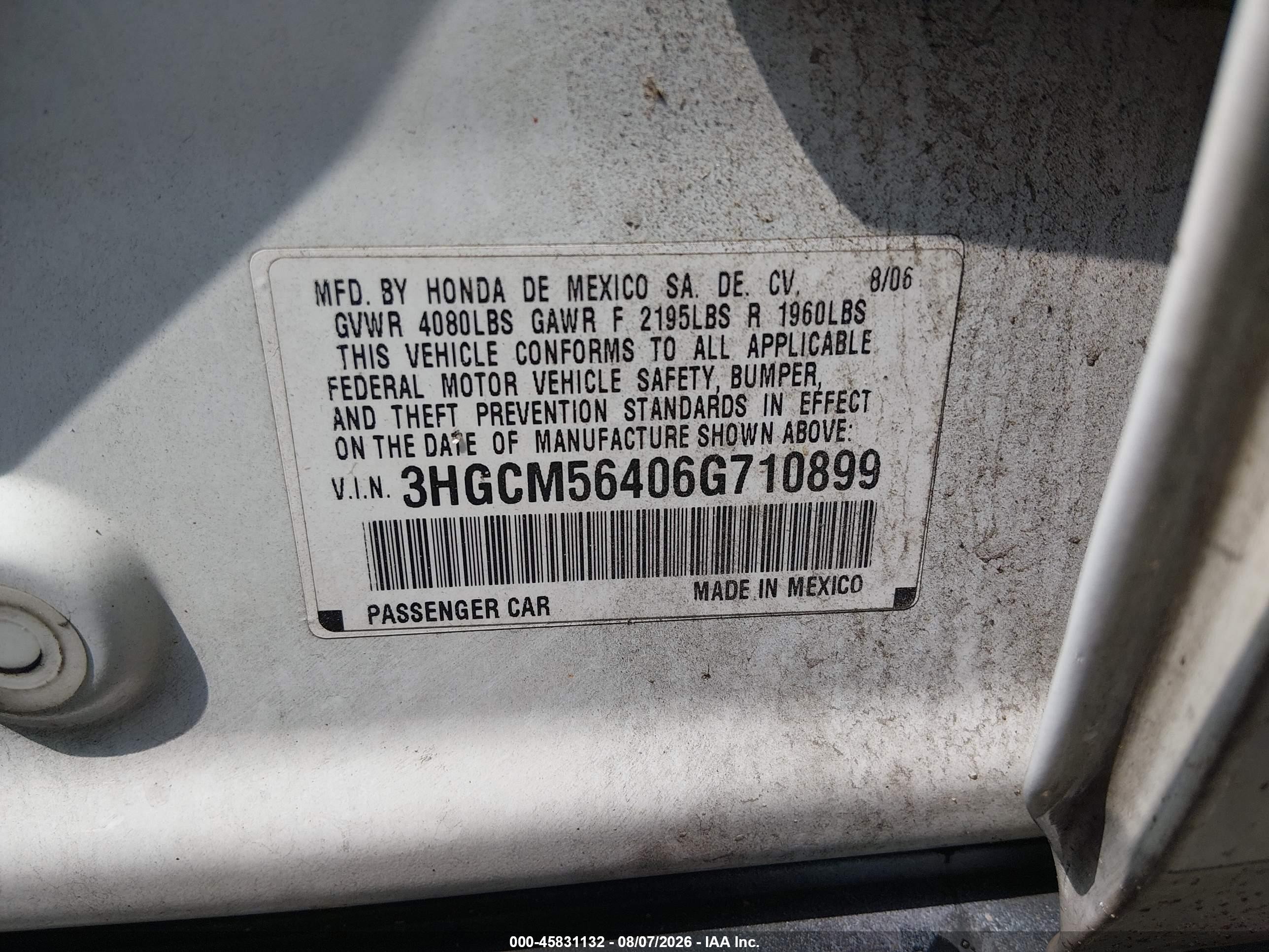 2006 Honda Accord 2.4 Lx Белый vin: 3HGCM56406G710899