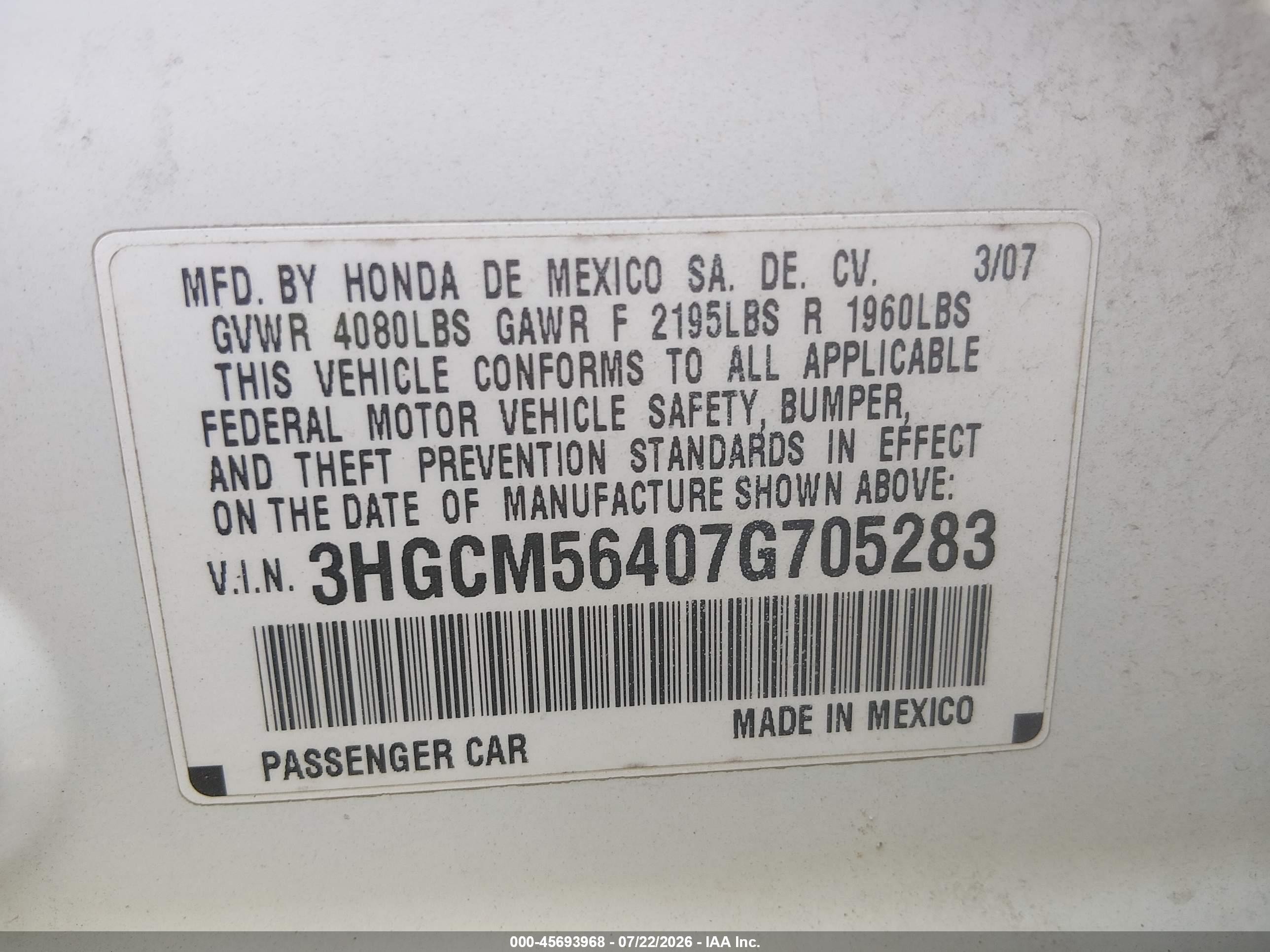 2007 Honda Accord 2.4 Lx White vin: 3HGCM56407G705283