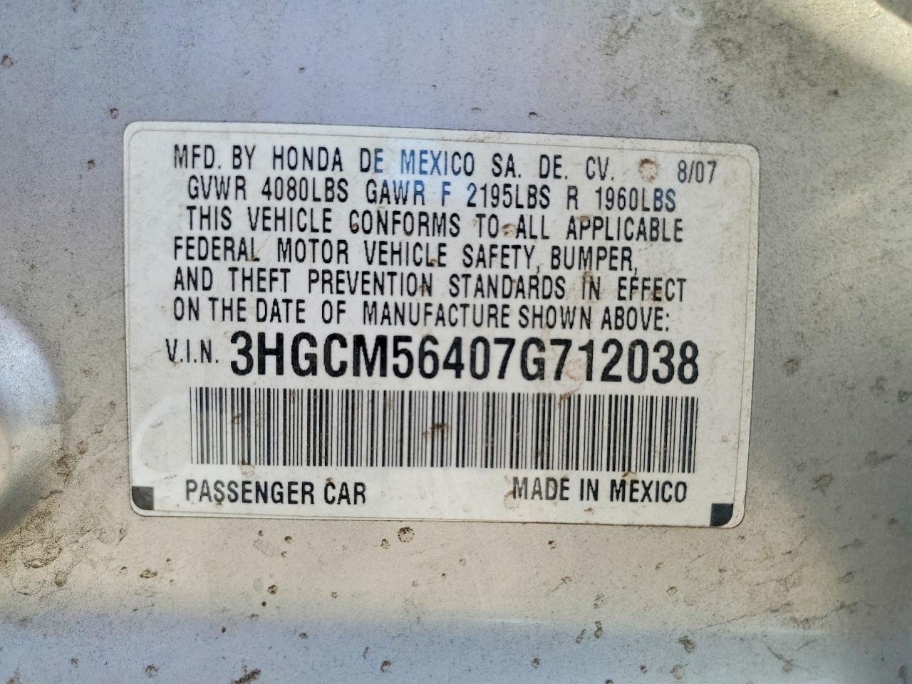 2007 Honda Accord Lx Silver vin: 3HGCM56407G712038