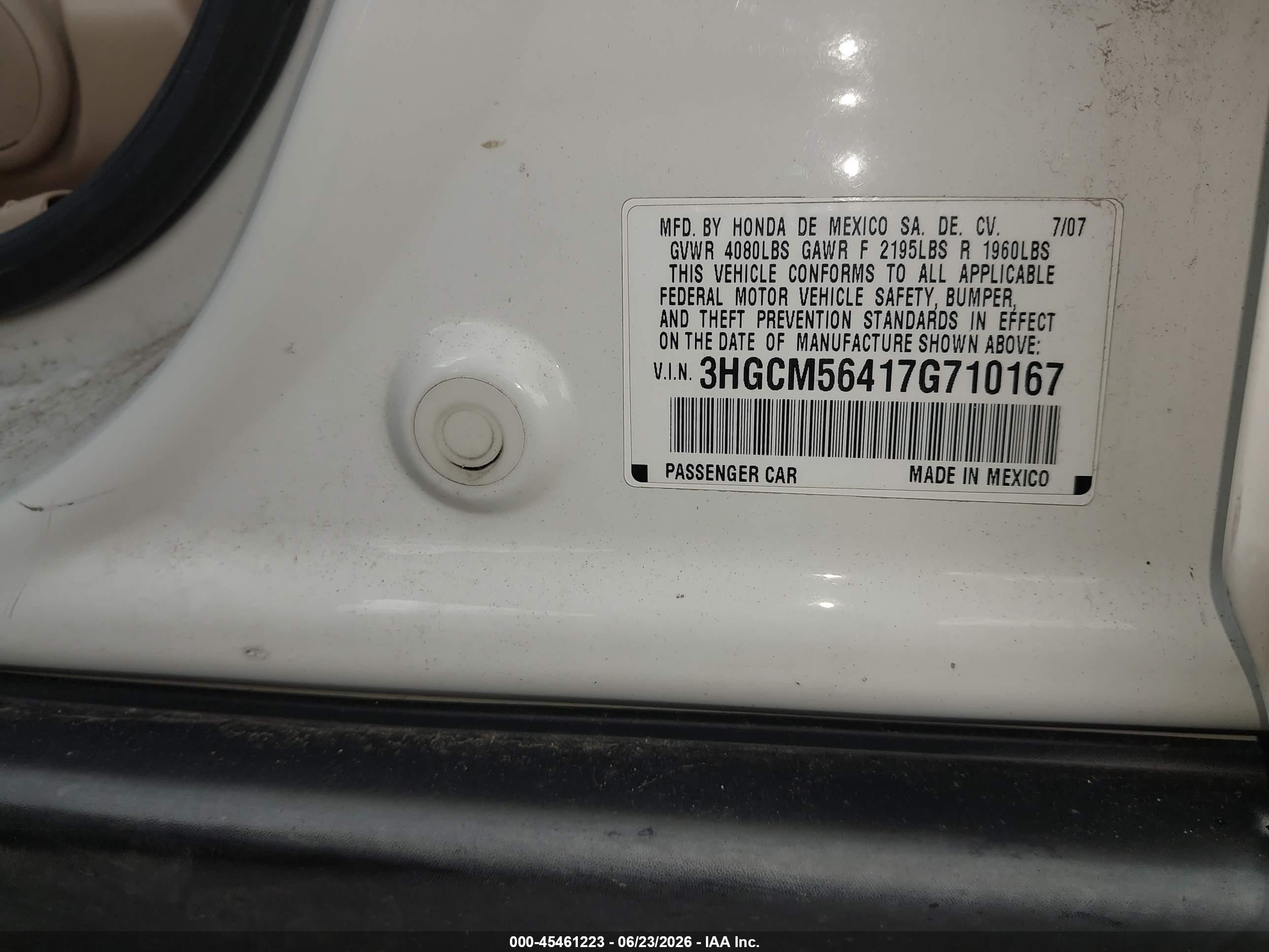 2007 Honda Accord 2.4 Lx Белый vin: 3HGCM56417G710167