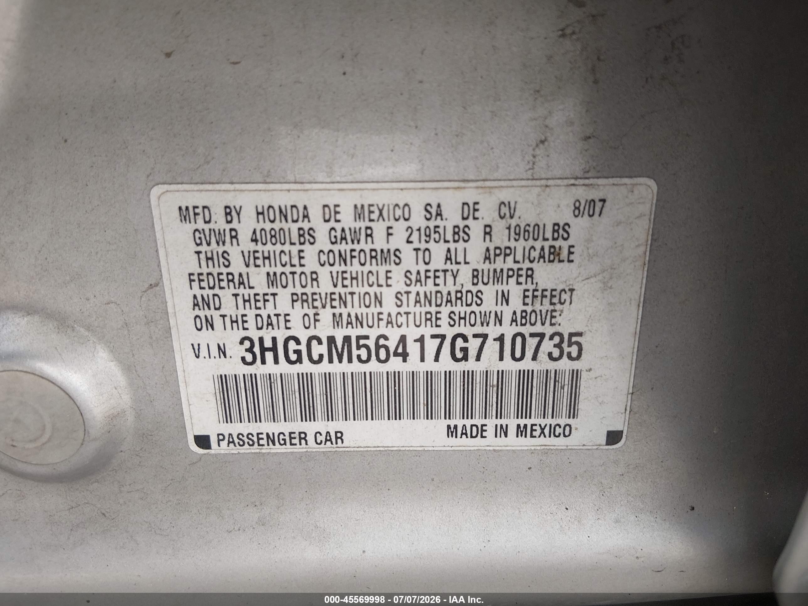 2007 Honda Accord 2.4 Lx Серебряный vin: 3HGCM56417G710735
