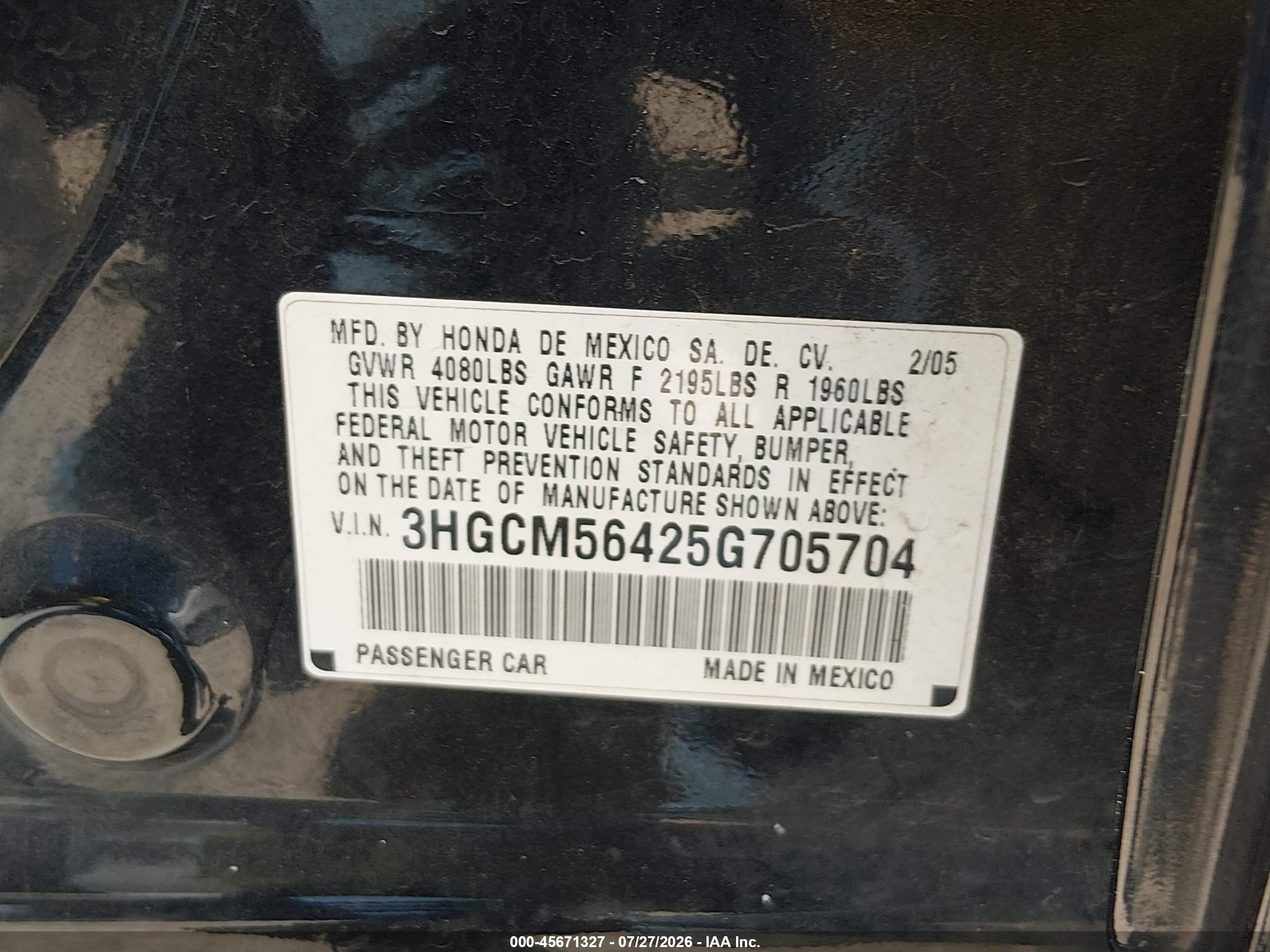 2005 Honda Accord 2.4 Lx Black vin: 3HGCM56425G705704