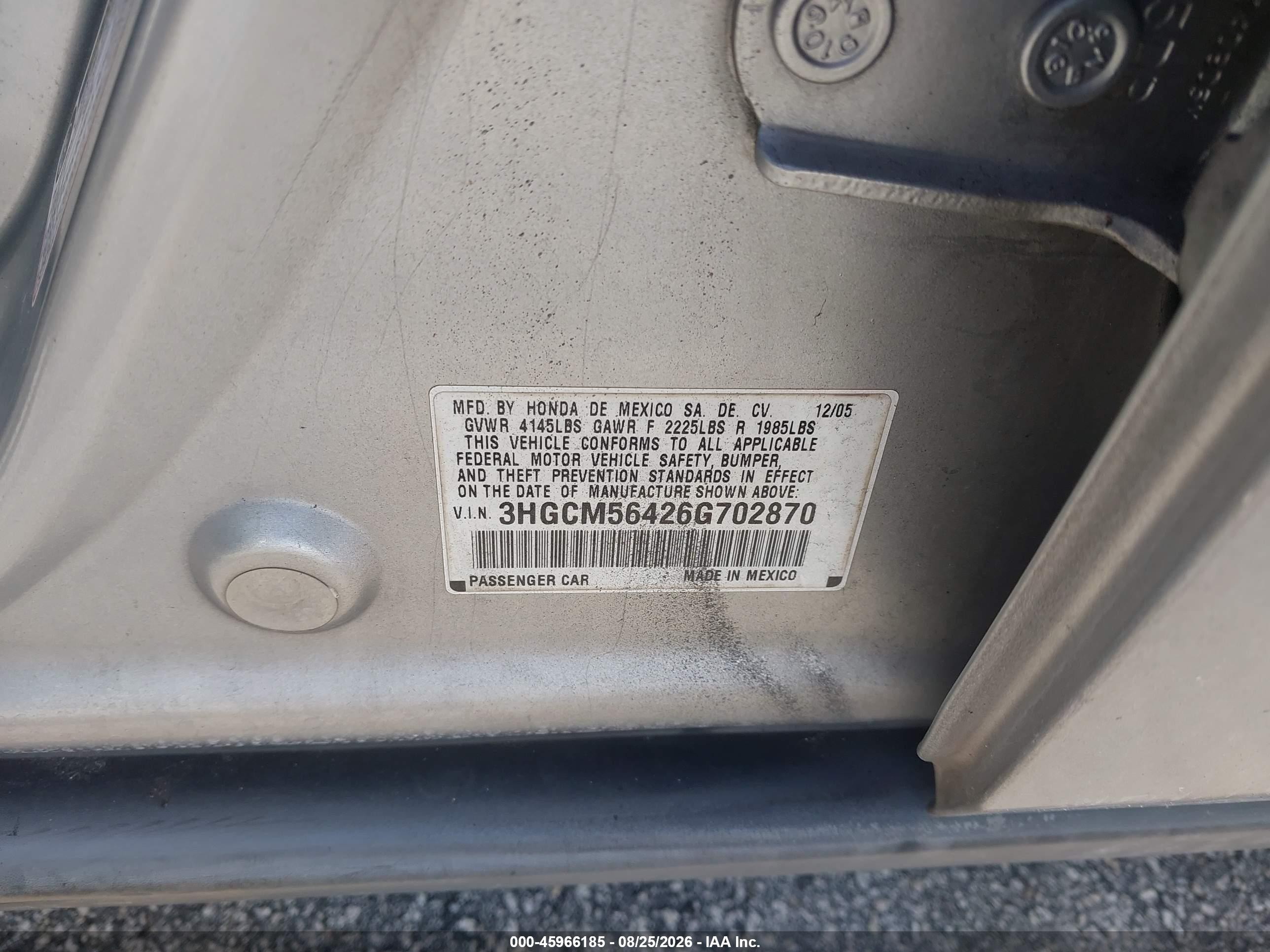 2006 Honda Accord 2.4 Lx Silver vin: 3HGCM56426G702870
