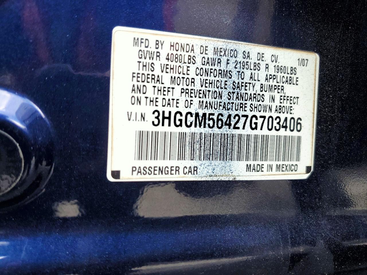 2007 Honda Accord Lx Blue vin: 3HGCM56427G703406