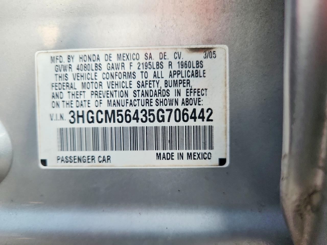 2005 Honda Accord Lx Silver vin: 3HGCM56435G706442