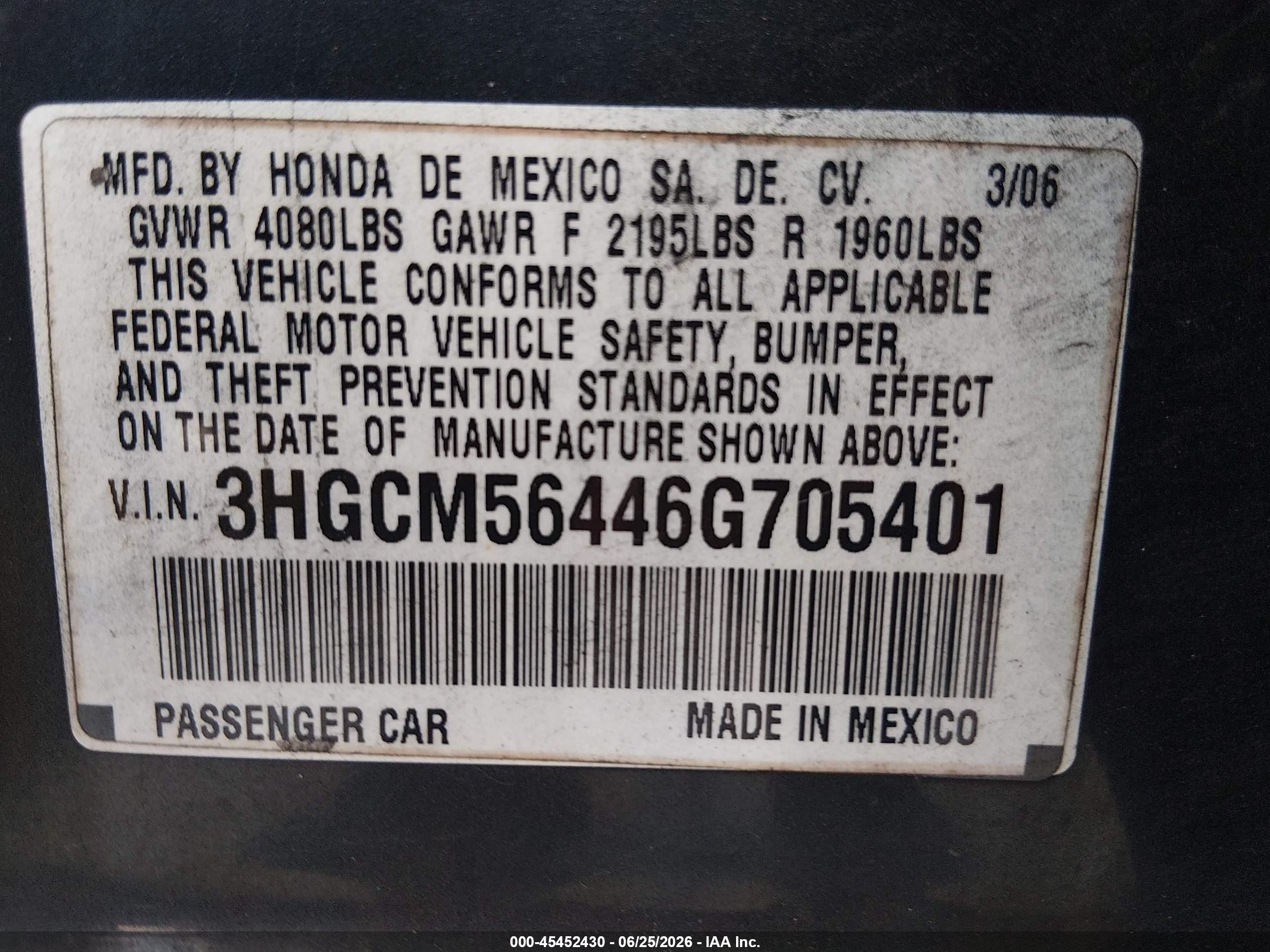 2006 Honda Accord 2.4 Lx Gray vin: 3HGCM56446G705401