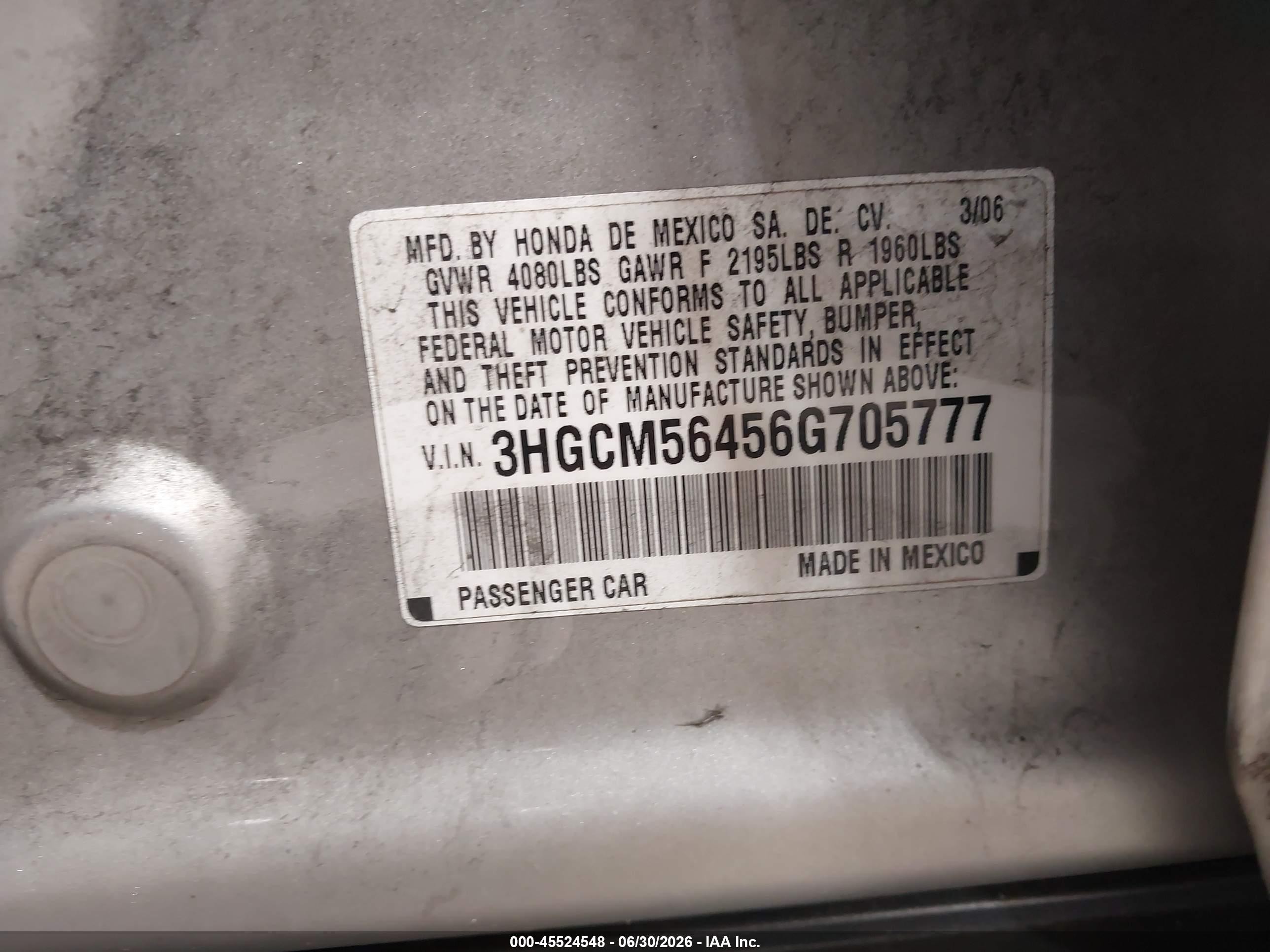 2006 Honda Accord 2.4 Lx Silver vin: 3HGCM56456G705777