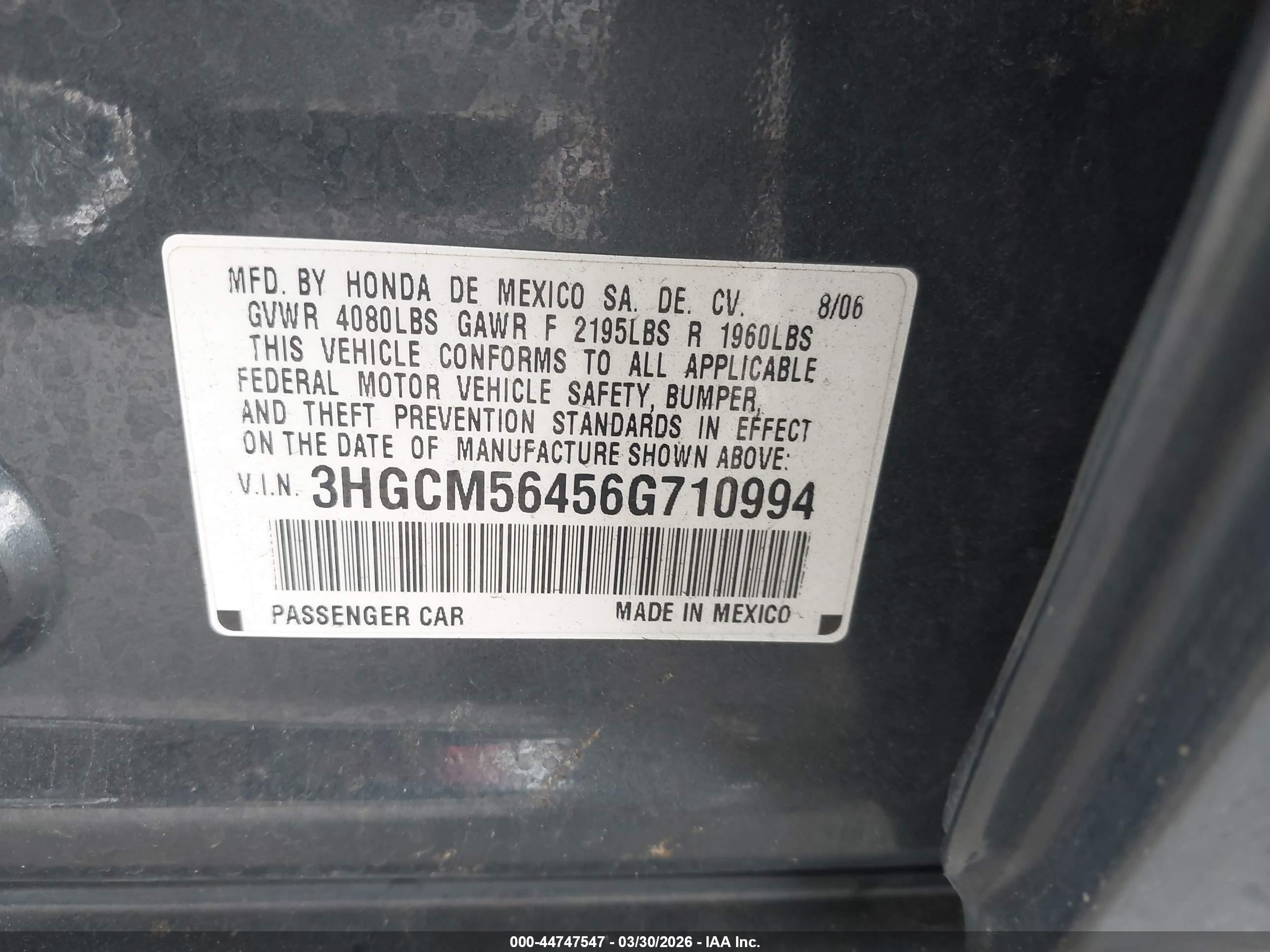 2006 Honda Accord 2.4 Lx Синий vin: 3HGCM56456G710994
