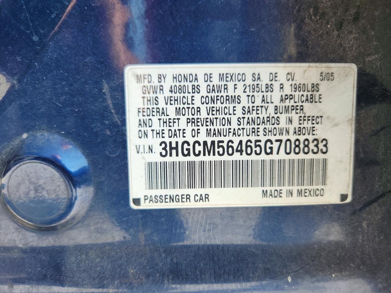 2005 Honda Accord Lx Синий vin: 3HGCM56465G708833