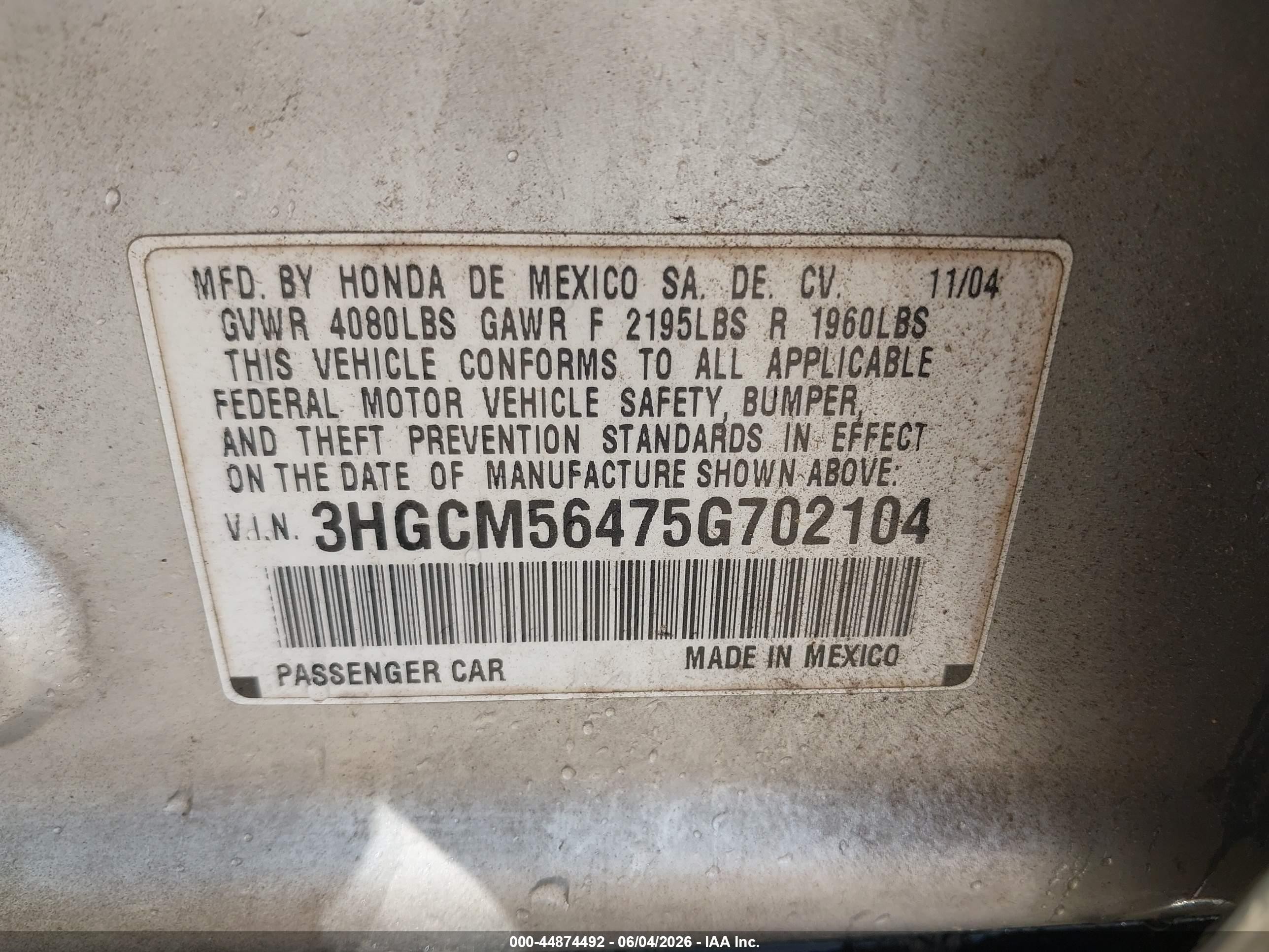 2005 Honda Accord 2.4 Lx Silver vin: 3HGCM56475G702104