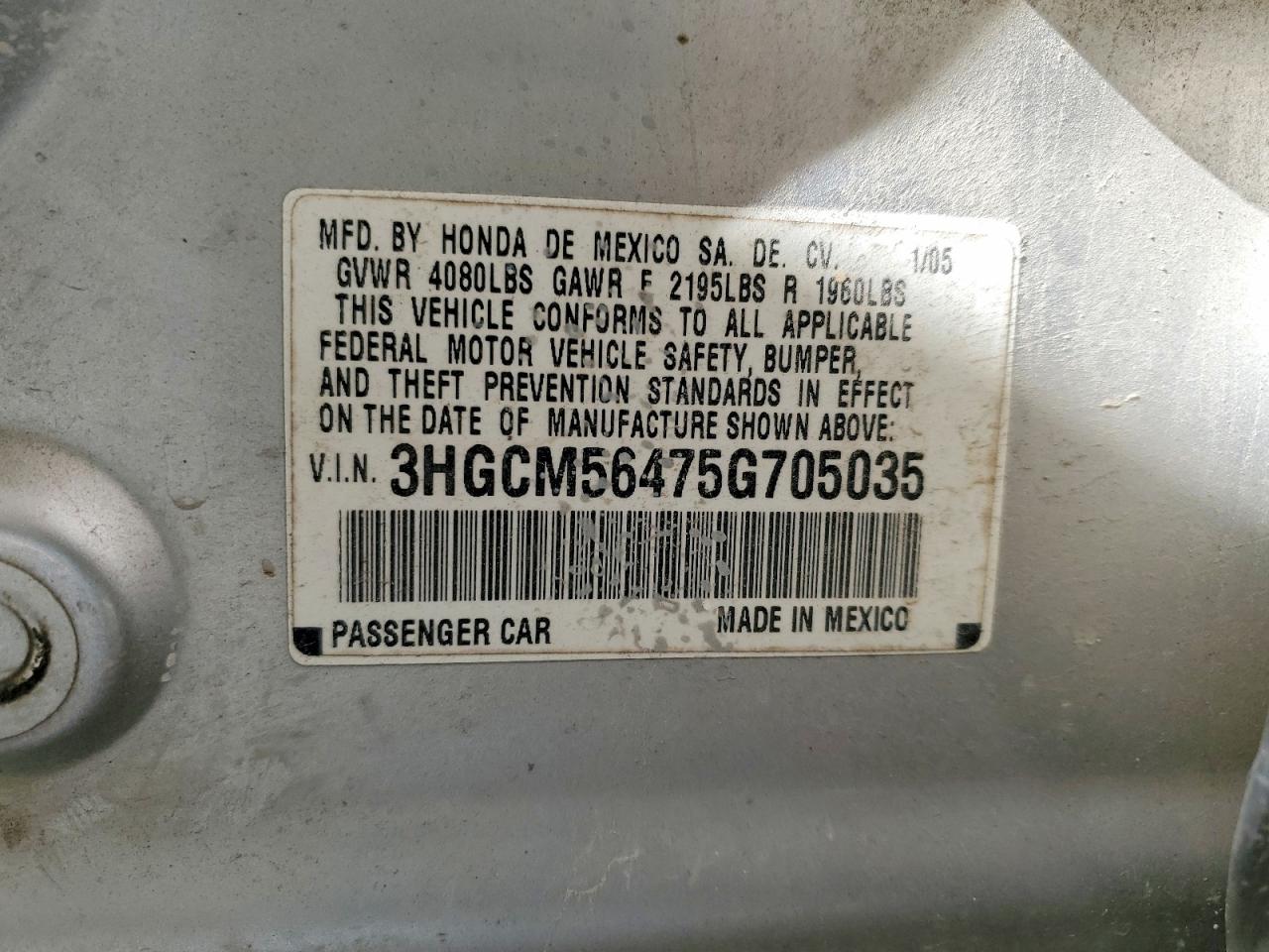 2005 Honda Accord Lx Silver vin: 3HGCM56475G705035