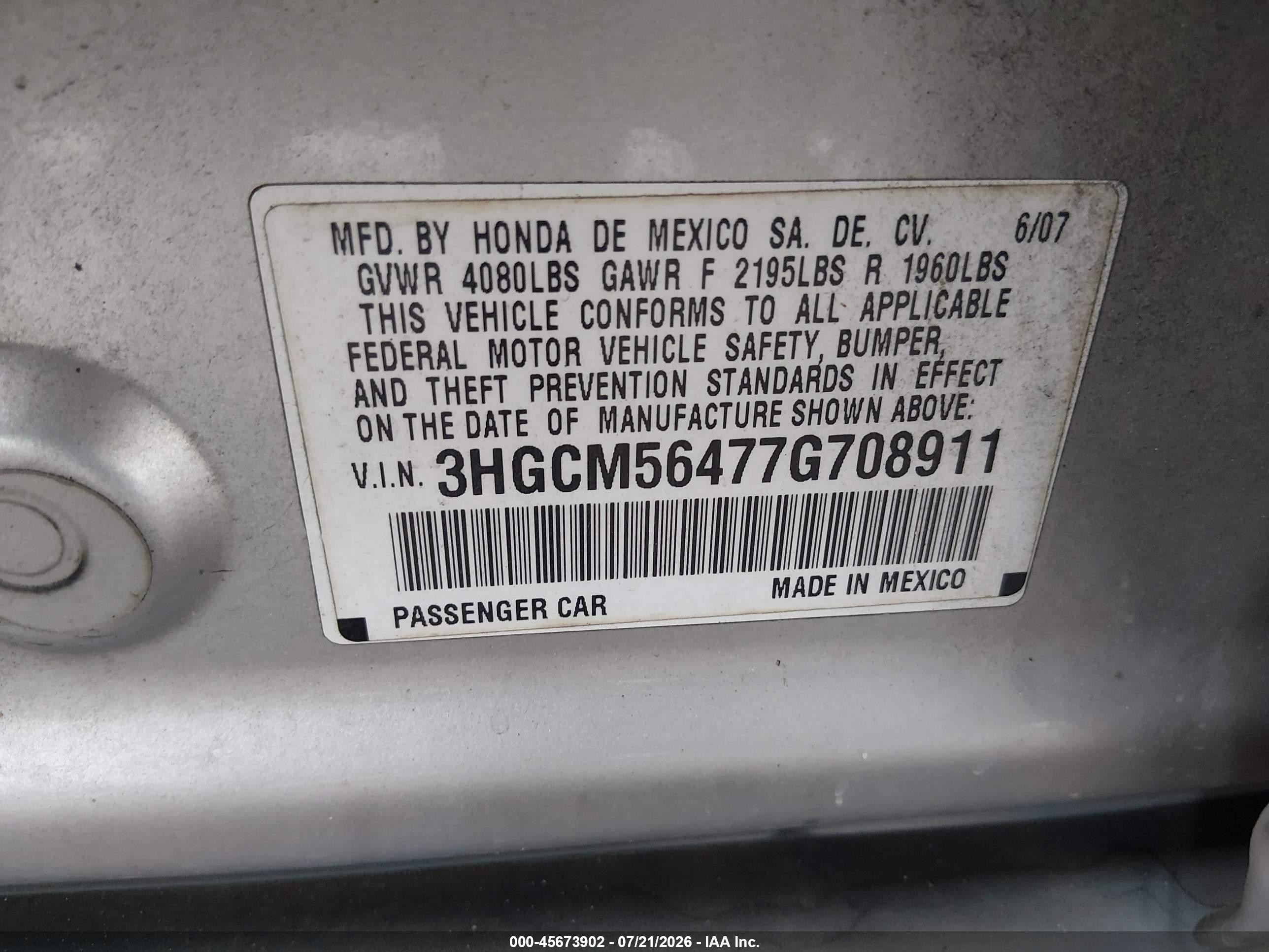 2007 Honda Accord 2.4 Lx Silver vin: 3HGCM56477G708911