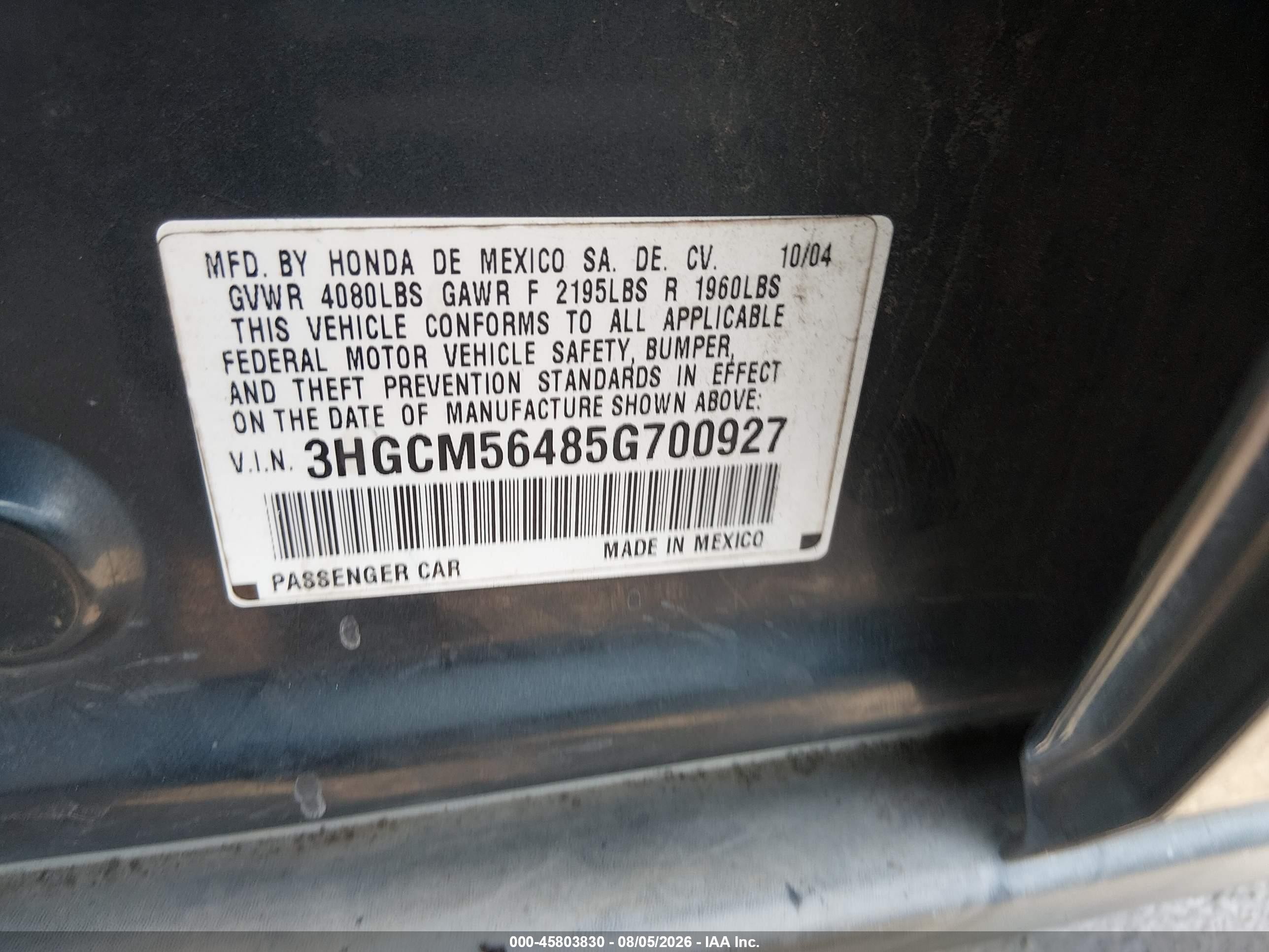 2005 Honda Accord 2.4 Lx Blue vin: 3HGCM56485G700927