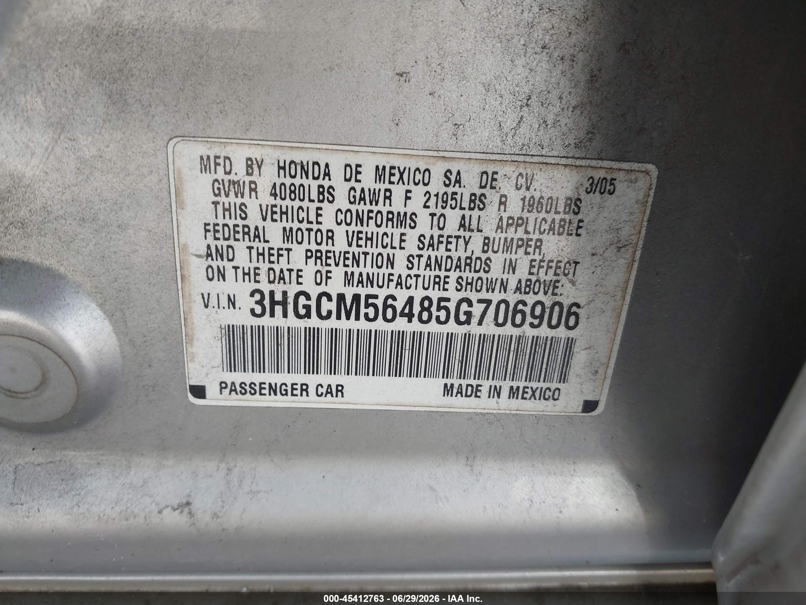 2005 Honda Accord 2.4 Lx Silver vin: 3HGCM56485G706906