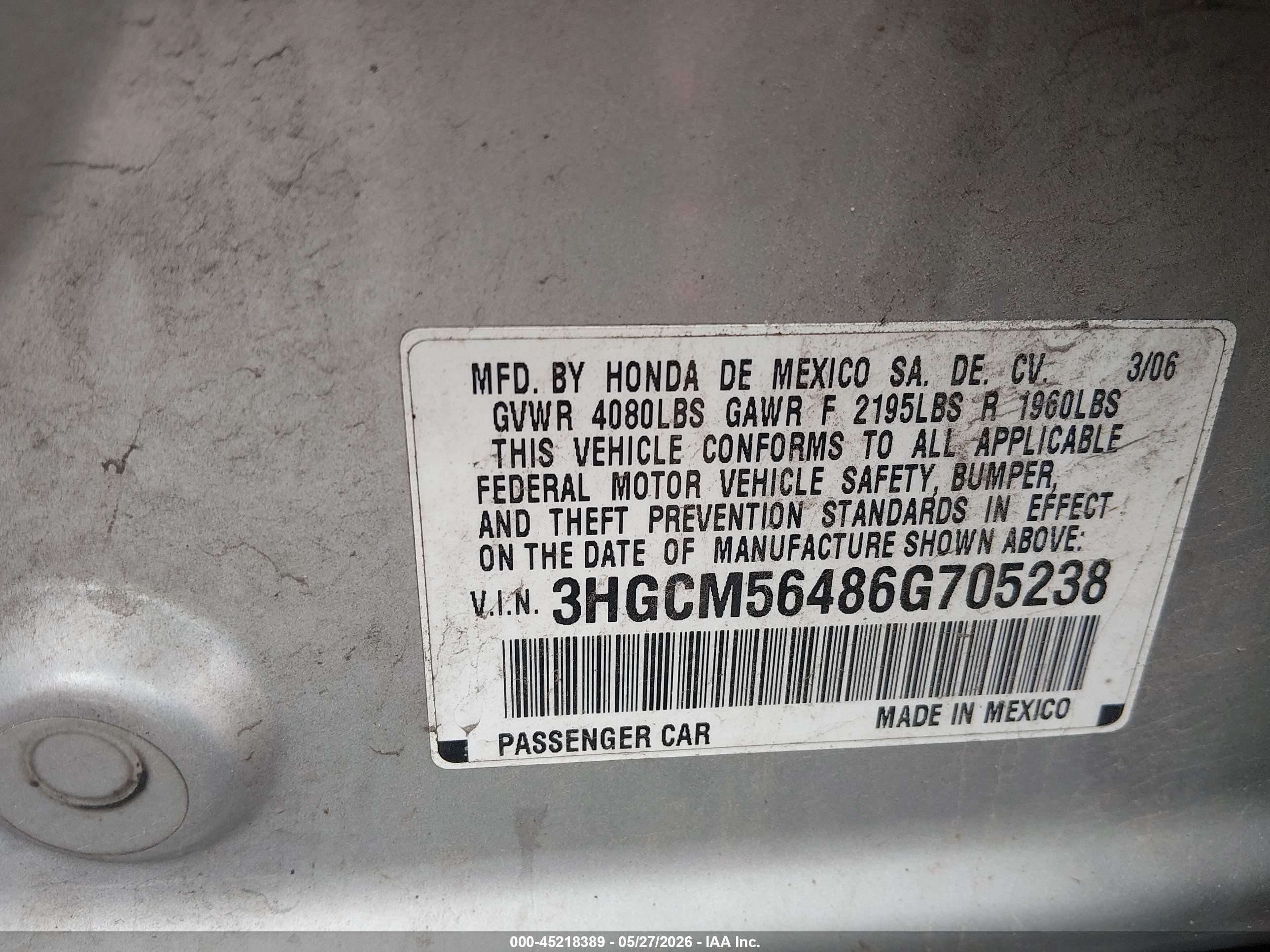 2006 Honda Accord 2.4 Lx Silver vin: 3HGCM56486G705238