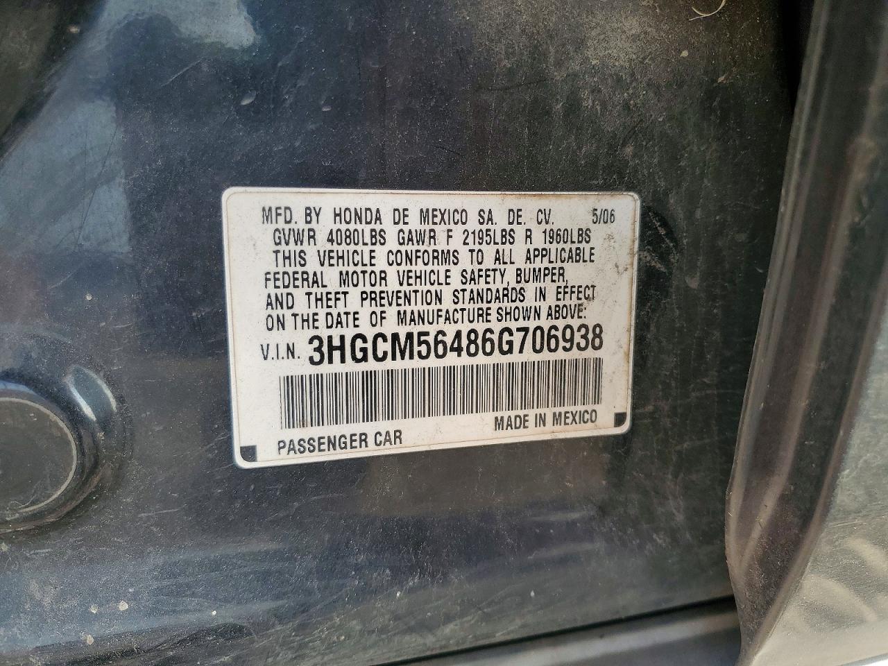 2006 Honda Accord Lx Black vin: 3HGCM56486G706938