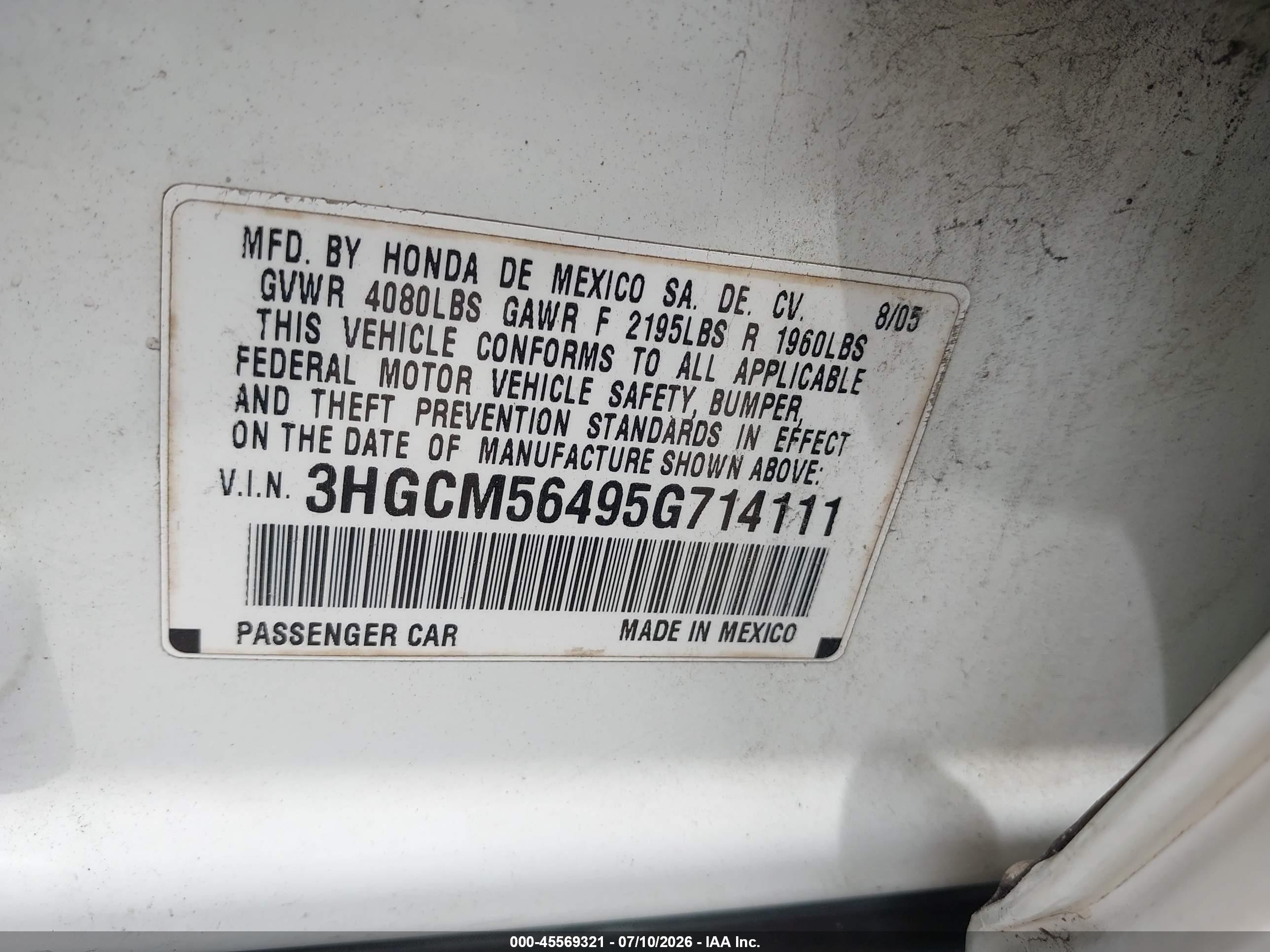 2005 Honda Accord 2.4 Lx Белый vin: 3HGCM56495G714111