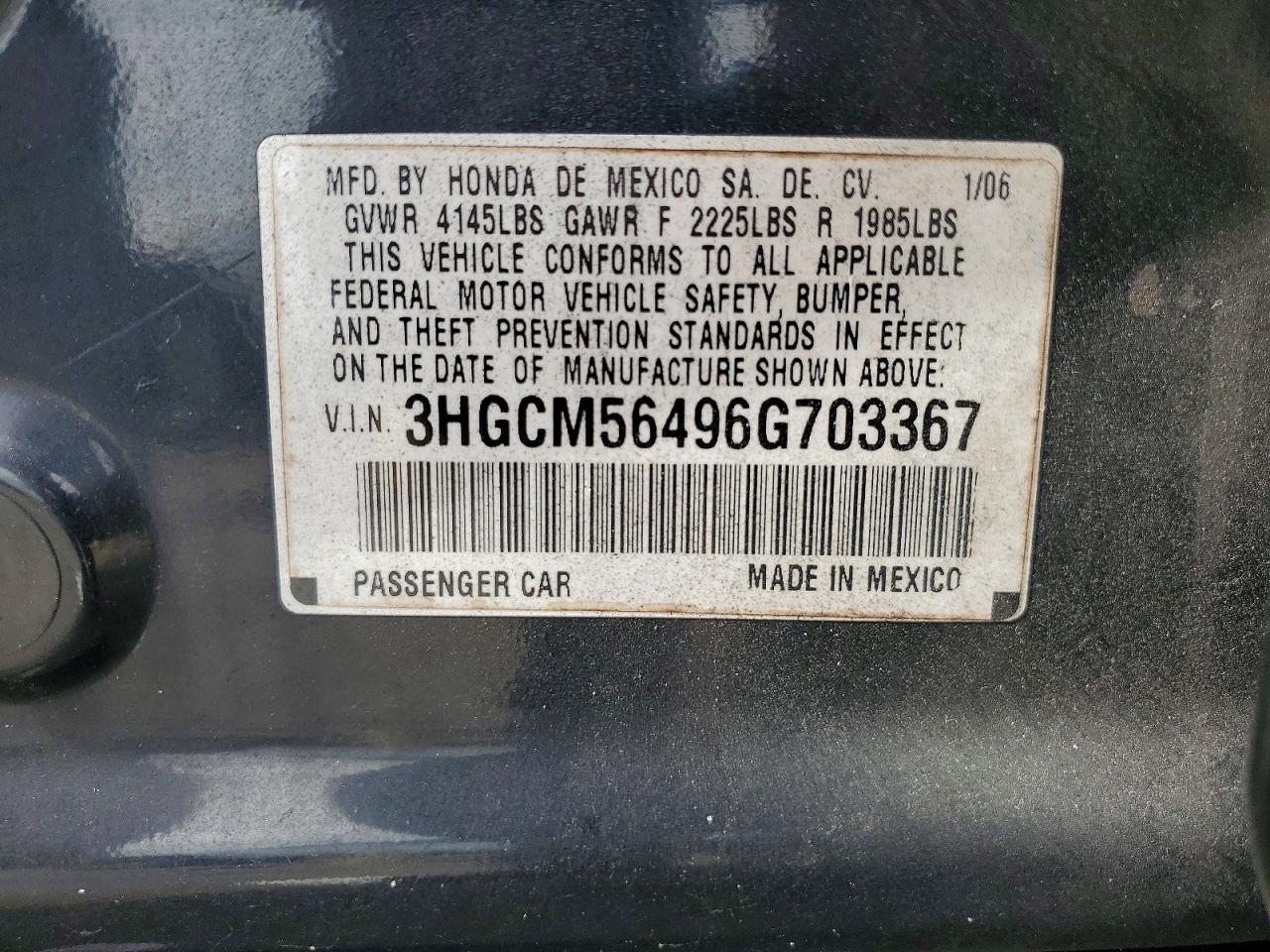 2006 Honda Accord Lx Black vin: 3HGCM56496G703367