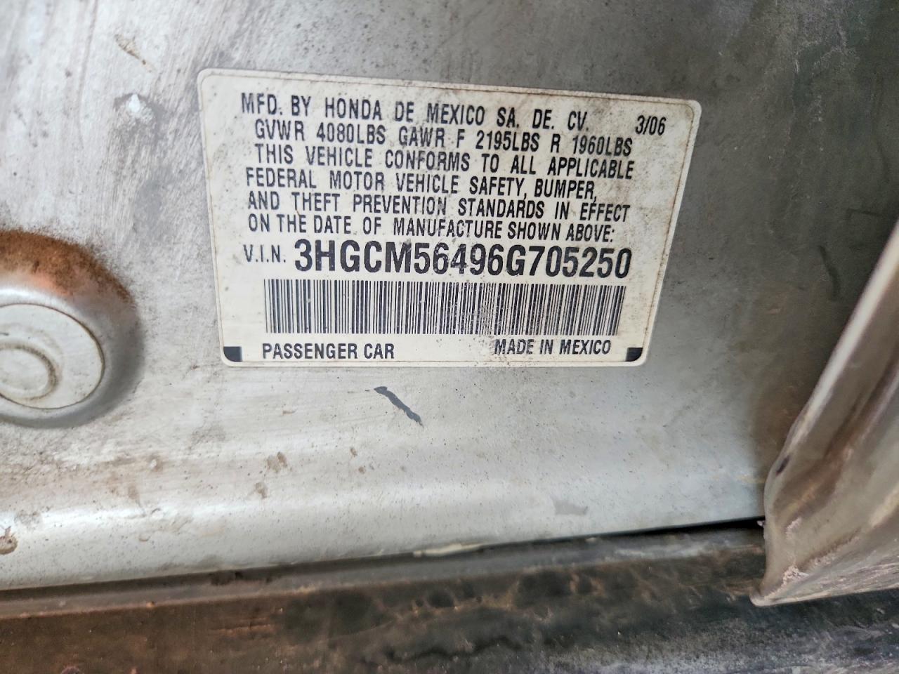 2006 Honda Accord Lx Silver vin: 3HGCM56496G705250