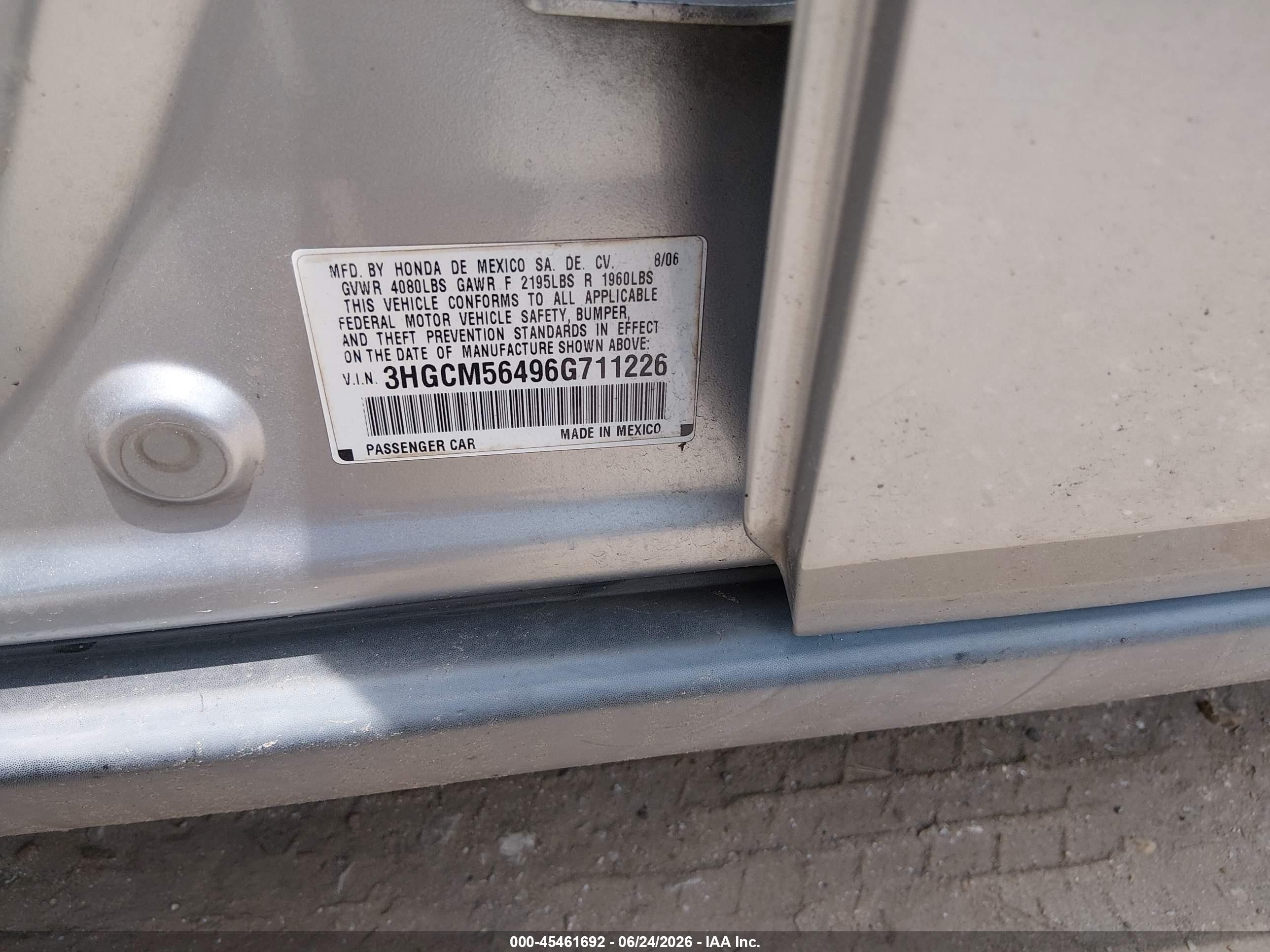 2006 Honda Accord 2.4 Lx Серебряный vin: 3HGCM56496G711226